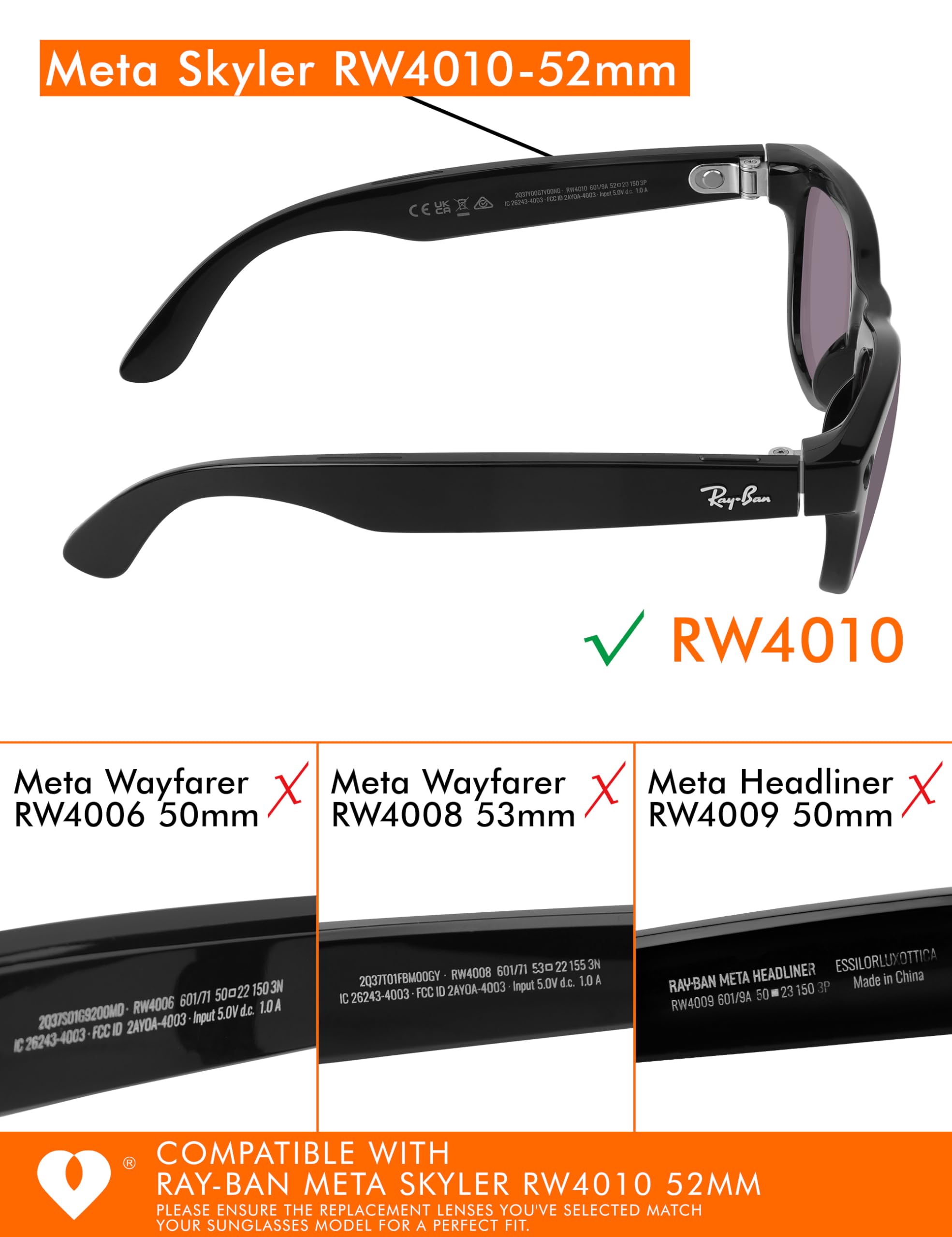 Lentes de repuesto compatibles con gafas RayBan Meta Skyler RW4010 de 52 mm AI, protección UV, transición