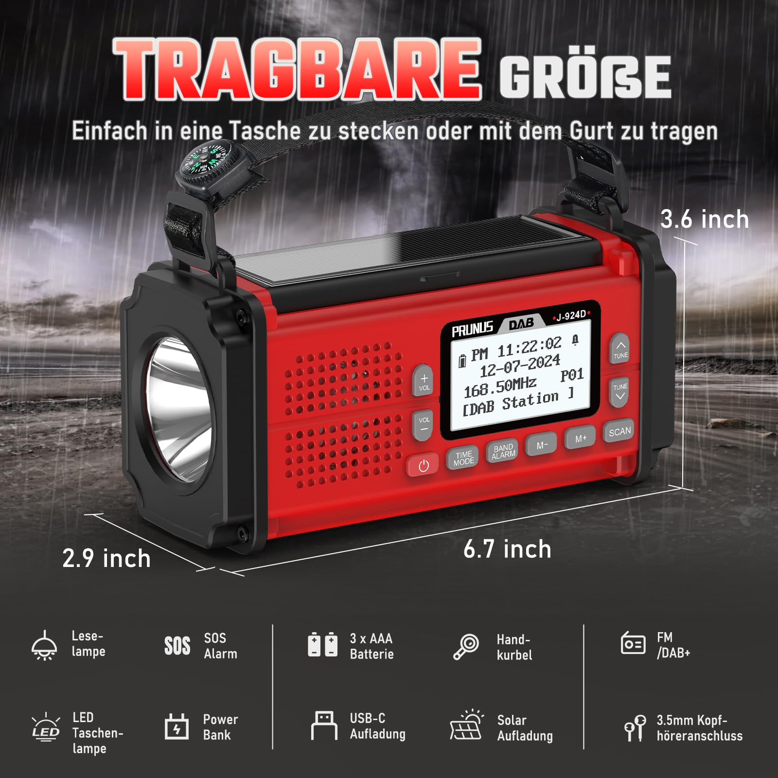 PRUNUS J-924D Digital Radio DAB+/UKW, Kurbelradio Notfall mit 10000mAh Akku, DAB Radio mit Bluetooth, Notfallradio mit Taschenlampe/SOS Alarm/Handyladefunktion für Ourdoor, Notfall (Rot)