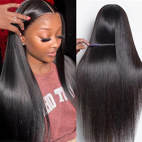 Wigs Human Hair Straight Lace Front Human Hair Wig 30 Inch Pre Plucked 13x4 Lace Frontal Straight Human Hair Wigs for Women with Baby Hair HD Transparent Glueless Natural Black