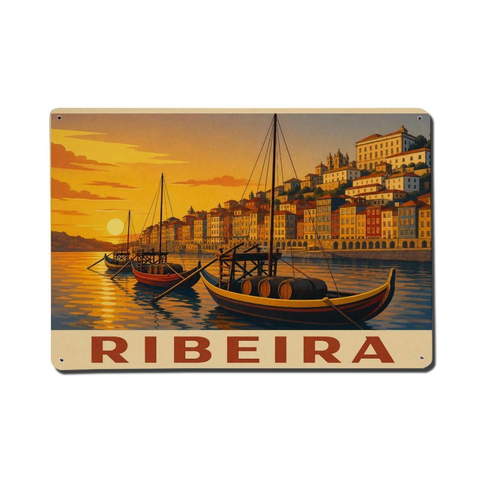 Huiyhb 8X12inch(20X30cm) Vintage Travel Ribeira Sunset Boats Moored Golden Light Metal Tin Sign