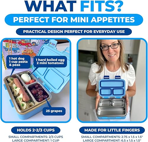 Miniatura 6 de Lonchera de acero inoxidable para bebés y niños pequeños, mini Bento, 3 secciones de metal ecológico, tapa a prueba de fugas, almuerzos de guardería