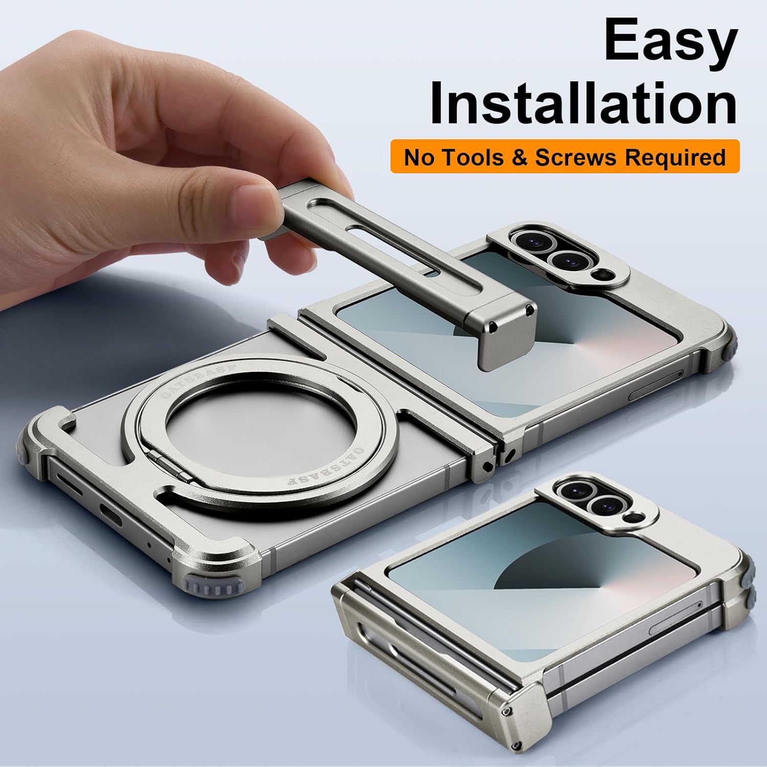 Frameless for Samsung Galaxy Z Flip 6 Case,with Kickstand 360° Rotatable Magnetic Stand Phone Cases,Aluminum Metal Slim Heat Dissipation Shockproof Protective Cover for Flip6,Natural Titanium