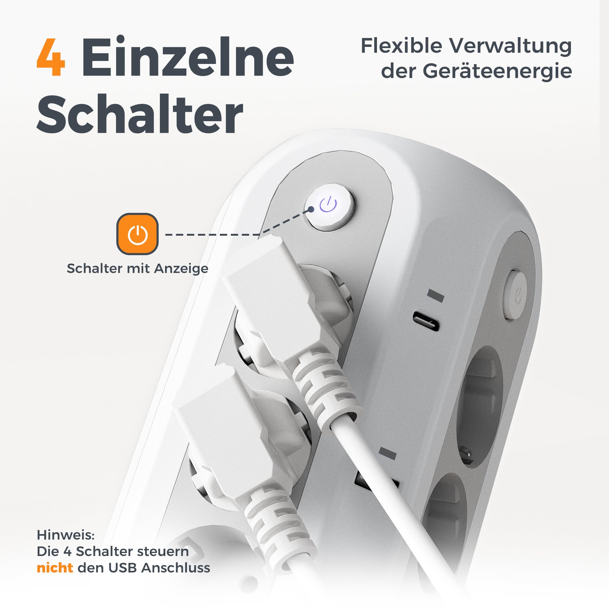 TESSAN Mehrfachsteckdose mit USB, Verlängerungskabel 5M, Weiß | 12 Fach Steckdosenleiste mit 4 Einzelnen Schalter, 2 USB C und 4 USB A, Verteilersteckdose 3680W, Steckdosenturm für Zuhause