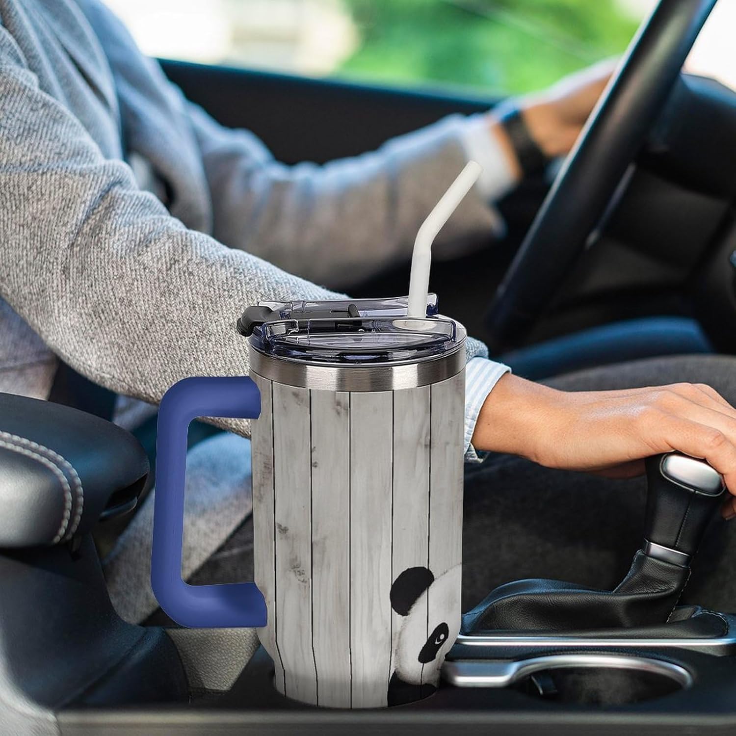 White Wooden Panda Tumbler 40 Oz with Handle&Lid Large Car Cup Stainless Steel Vacuum Travel Mug Insulated Water Bottle Leak-proof Portable Coffee Cup for Home Car Outdoor