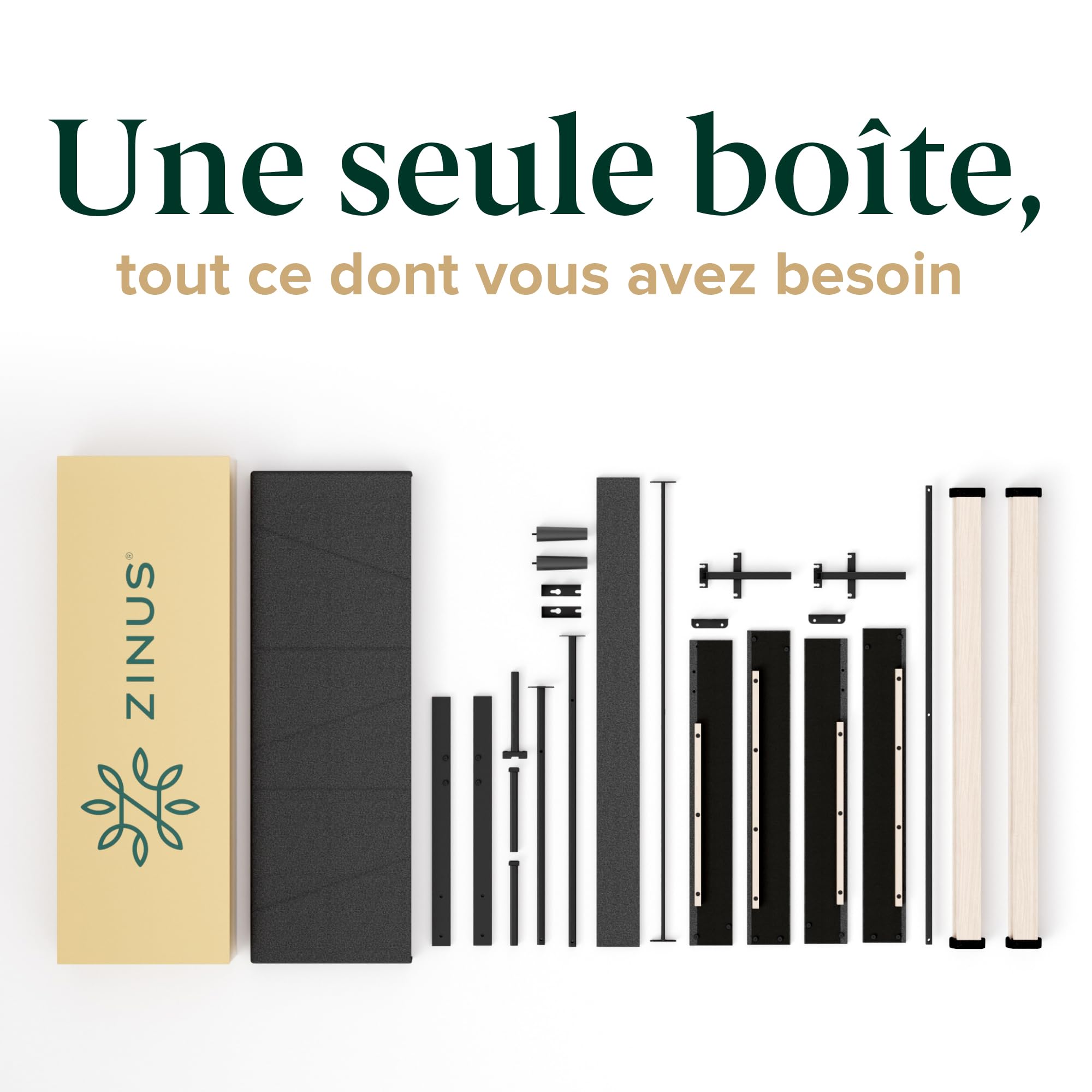 Zinus Maya Sommier 140x190 cm avec Lattes en Bois - Hauteur 30 cm - Cadre & Tête de Lit 2 Personnes Tapissier - Montage Facile - Gris Foncé