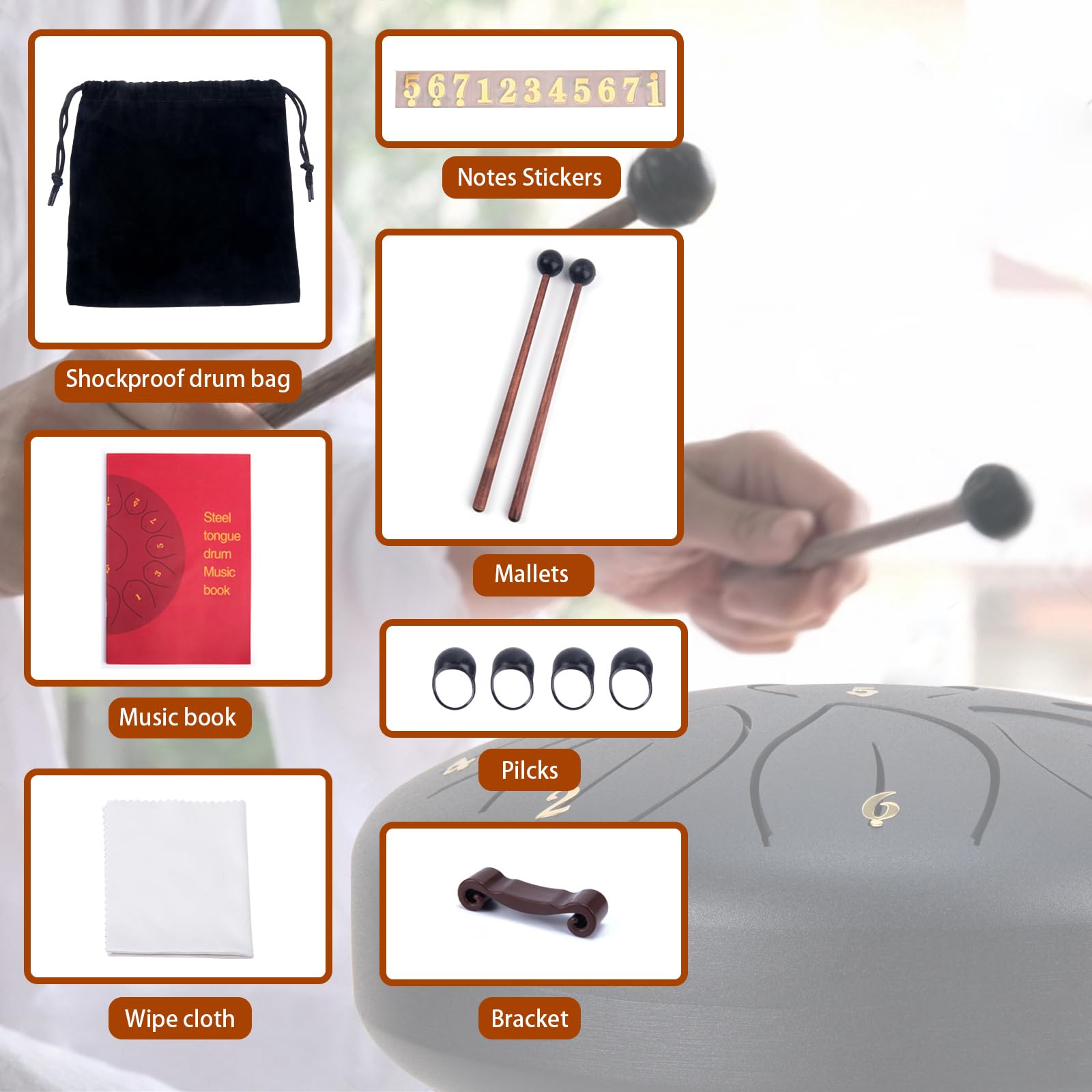 Kit D'accessoires Complet Pour Steel Tongue Drum - 2 Baguettes En Bois, Support, 4 Doigtiers, Autocollants