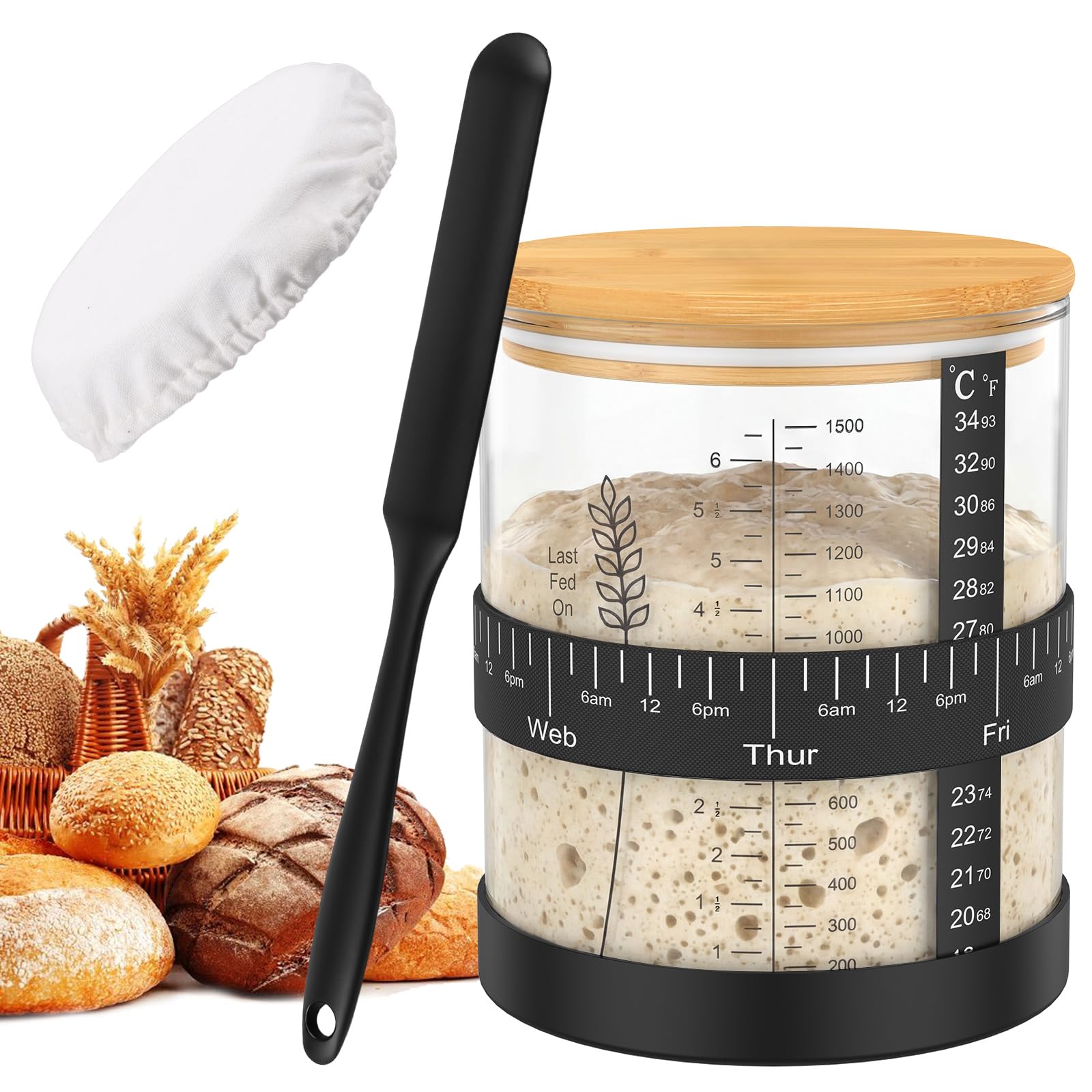 1500ml Sourdough Starter Jar Set 51 oz Wide Mouth Glass Jar with Thermometer Sticker, Date Tracker, Cloth Cover, Bamboo Lid, Silicone Mat, Fermentation Jars for Bread Baking and Kitchen Storage(Lid1)