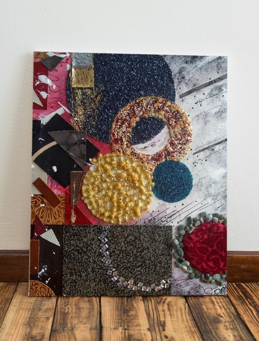 NiNi's Fine Art Original Mixed Media Painting Wall Art for the Home and Business Oil Acrylic Painting with Beads Fabric Pebbles and Leather Pieces