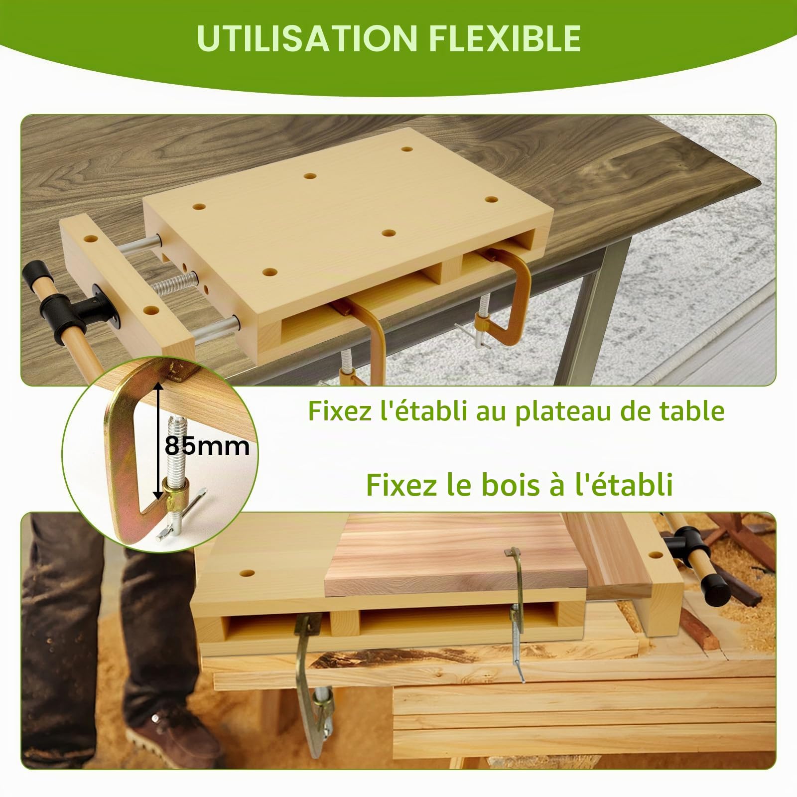 Établi Bois Portable avec Étau, Établi Menuiserie Table de Travail 46,5 cm | Mini Établi Bois Compact avec Étau, pour Atelier Garage, Idéal pour Sculpture, Serrage, Coupe, Rabotage et Bricolage DIY