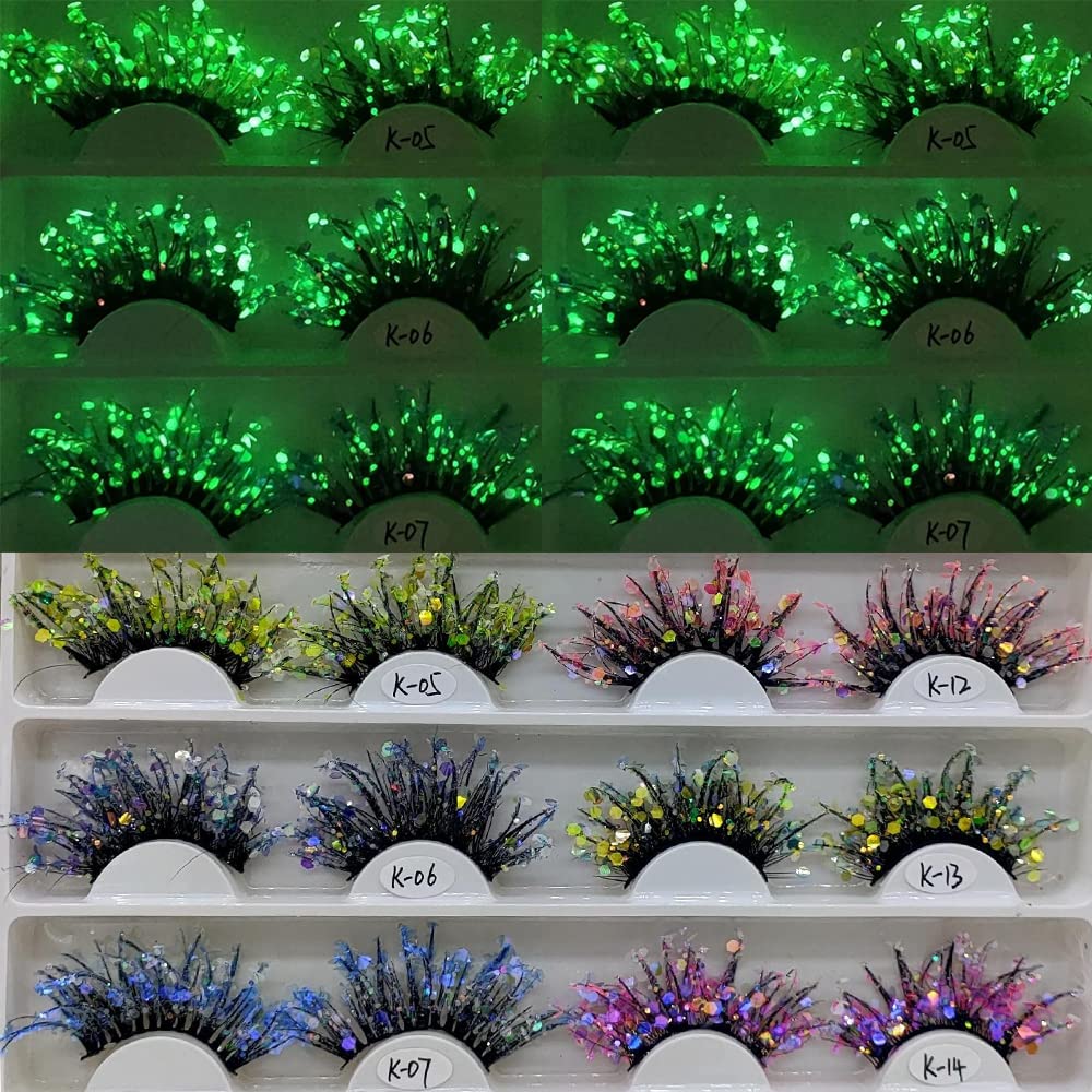 Luminous Glitter Lashes,Glow Under Light,Fluffy Fiber Dramatic Shining Colored Lash Extensions,Costume Cosplay Decorative Eyelashes Strip,Sparkly Mermaid Queen Art DIY Sequins Makeup