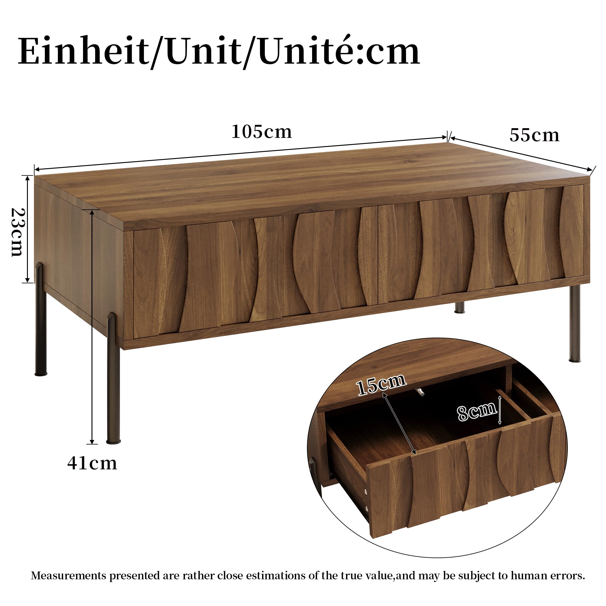 Kebnor Mesa de centro y soporte de TV combinación de madera maciza con patrón ondulado, juego de almacenamiento con grano de madera natural, muebles de almacenamiento artístico para el salón