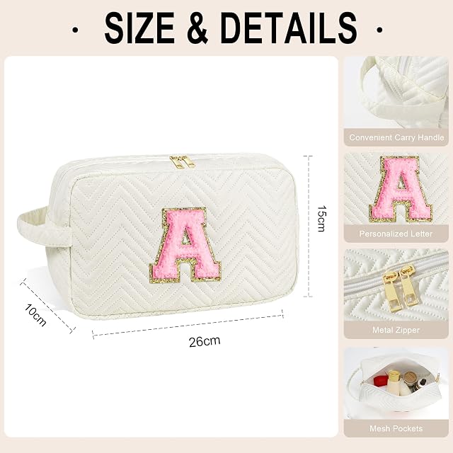 Sac de maquillage initial - Cosmétiques Sacs de maquillage Voyage Cosmétique Sac de toilette mignon pour les femmes Cadeaux fille Adolescents Cadeaux personnalisés (blanc R)