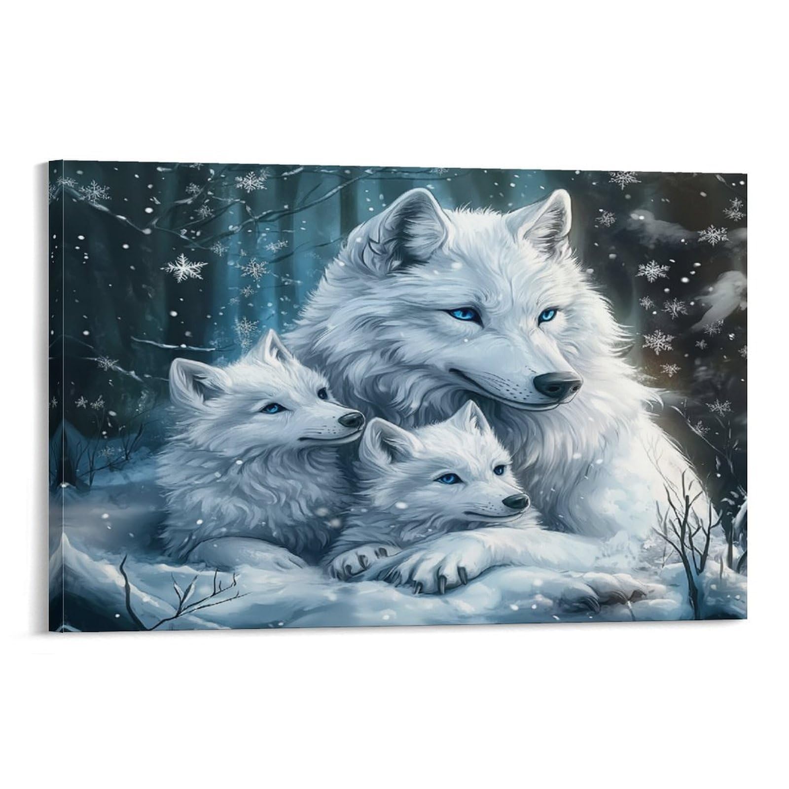 CPLVKWRQJ Snowy Wolf Family 1 Piece White Wolf Cubs Cuddle Parent Snowy Woodland Canvas Print - Office Wall Art Fade Resistant Wall Focal Art Statement Piece 08x12inch(20x30cm)