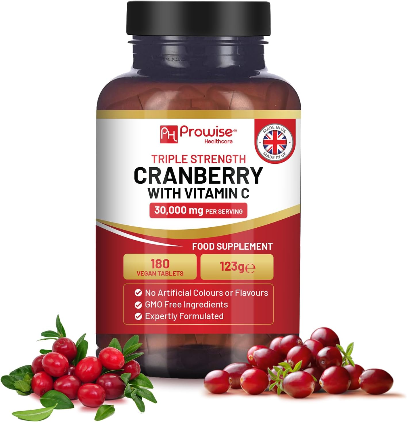Triple Strength Cranberry 30,000mg Added with Vitamin C - 180 Vegan Tablets I UTI Support for Women I Easy to Swallow Tablets I Made in the UK by Prowise Healthcare