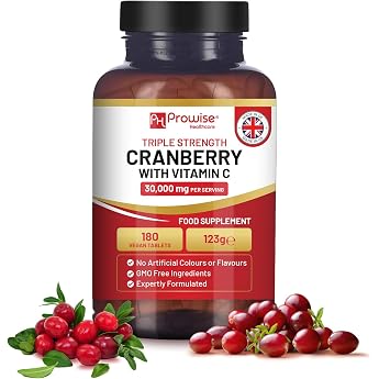 Triple Strength Cranberry 30000 mg with Vitamin C - 180 Vegan Tablets I Easy to Swallow Tablets I Made in the UK by Prowise Healthcare