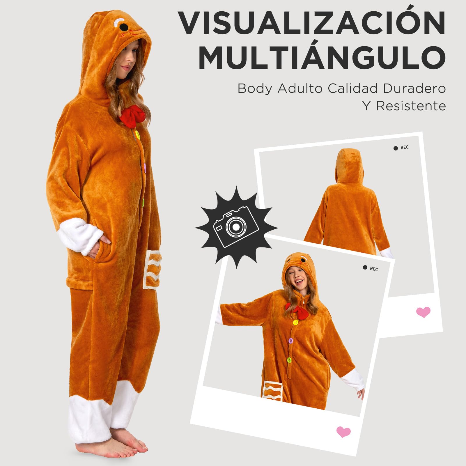 OLAOLA Pijama Entero Adulto Reno Pan de Jengibre Navideño, Felpa Suave Unisex para Carnaval, Navidad, Halloween