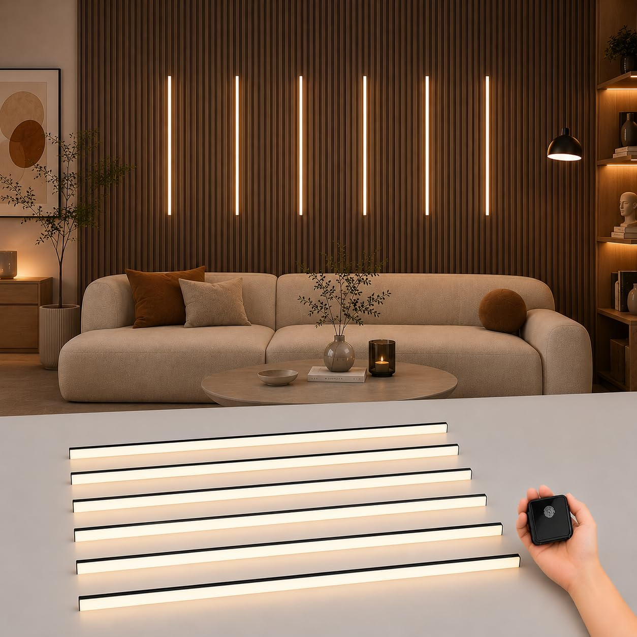Bigingjia LED Strip Lights for Acoustic Wall Panels, 6 x 100cm Acoustic Wall Panel Lights with Touch Switch, Black 12 x 12mm Warm White, Dimmable & Cuttable for Wood Slat Panels, Cabinets & Shelves