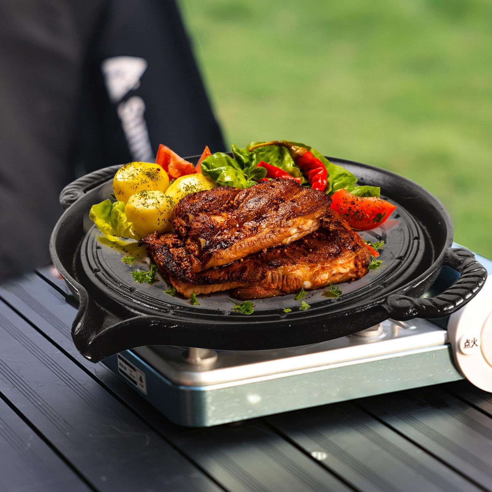 Żelazna żeliwna, żeliwna patelnia BBQ Przenośna płyta | Grillowanie talerza smażenia nonstick, 11 -calowa okrągła griddle na do pomieszczenia lub zewnętrznego