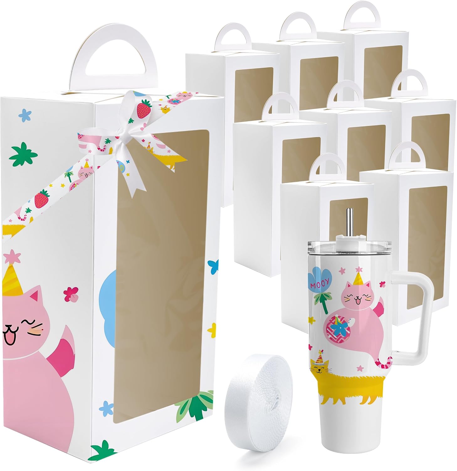 Joyclub 8 Pack White Gift Boxes with Ribbon for 40oz Tumblers with Handle Sublimation Ribbon Graffitiable Gift Box for Bridesmaid Gifts Mother's Day Easter Weddings DIY Decor