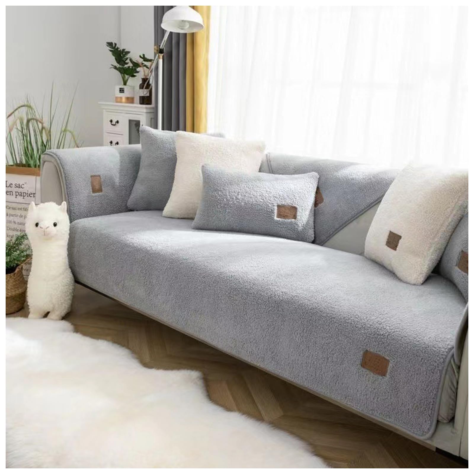 Thick Fuzzy Sherpa Fleece Non-Slip Sofa Cover, Non Slip Sofa Cover, Fuzzy Couch Cover, Washable 1/2/3 Seater Pure Color Sectional Sofa Protector (gray,90 * 210cm)