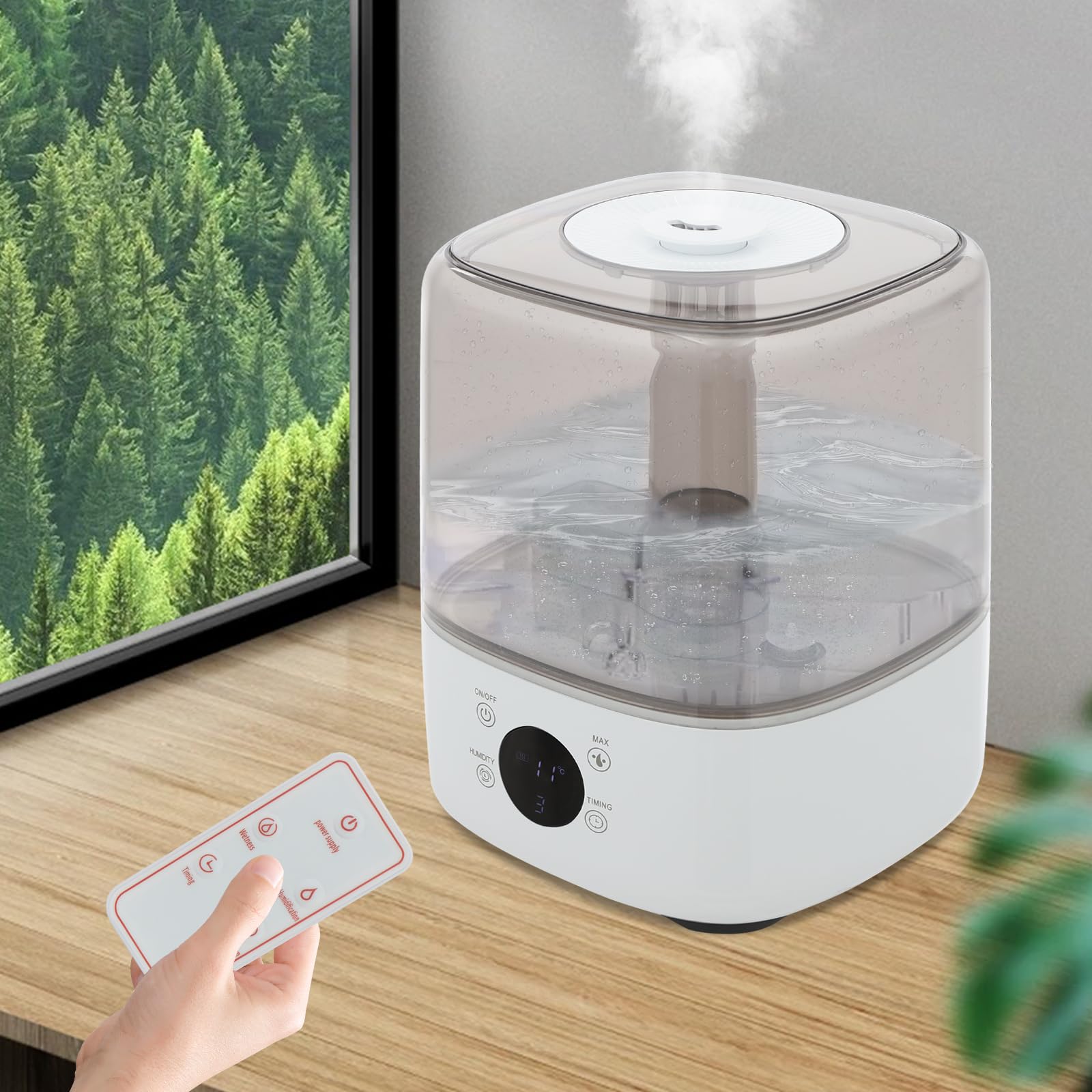 Humidificador de relleno superior, 5 l, humidificador inteligente para 107,64 – 538,2 ft², boquilla de rotación de 360 grados, regulación de 3 niveles, humidificador ultrasónico, para dormitorio