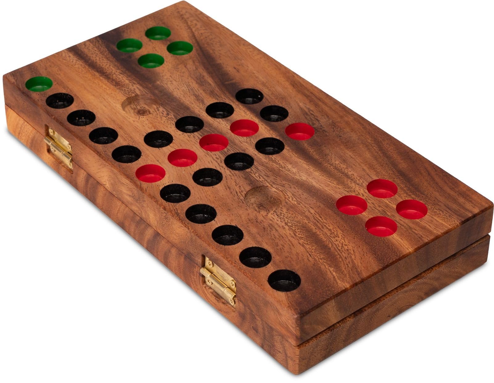 LOGOPLAY Ludo L składana drewniana ze złotym metalowym zamknięciem – klasyczna gra w kości dla 2-4 graczy | wysokiej jakości gra towarzyska i podróżna dla dzieci i dorosłych