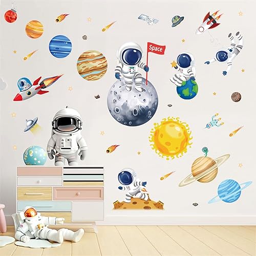 wondever Calcomanías de pared de astronauta del espacio exterior, planetas, el sistema solar, calcomanías artísticas de pared para guardería,