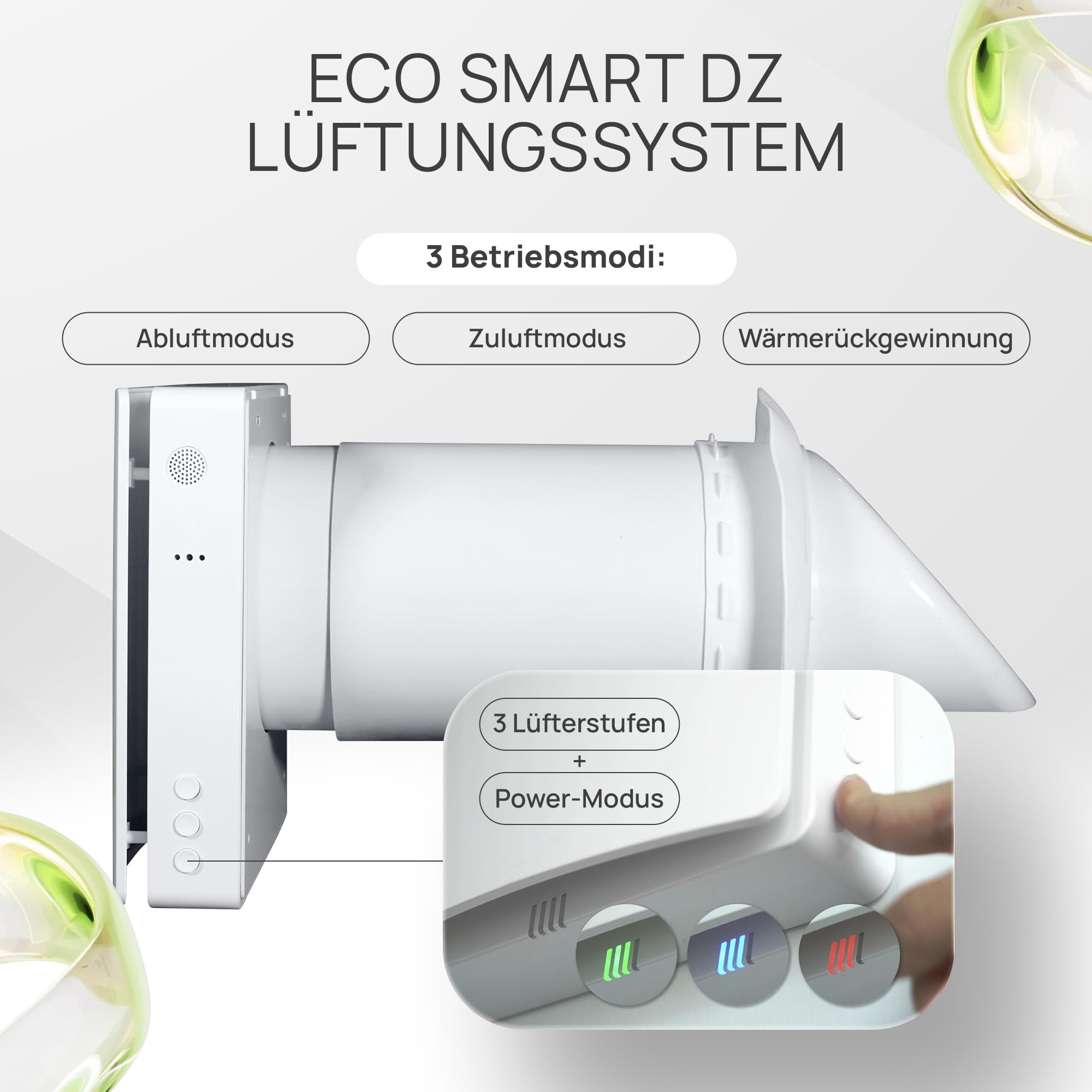 Eco Smart DZ - Ventilazione decentralizzata per abitazioni, controllo CO₂, recupero del calore al 97%, Wi-Fi, filtro F7, Ø 160 mm, 60 m³/h, classe energetica A, 5 anni di garanzia, per pareti di