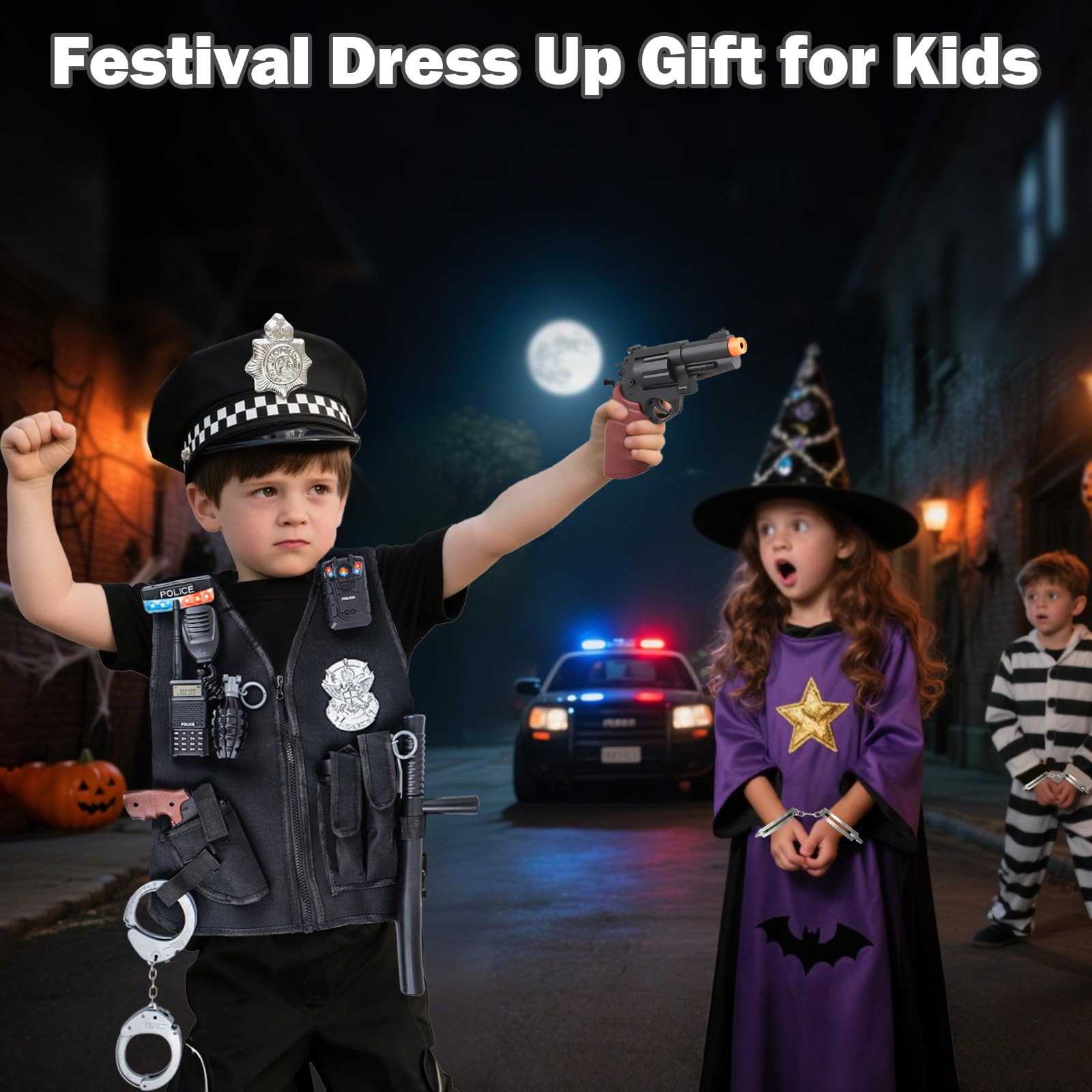 Costume Poliziotto Bambino 3 Anni, 17Pezzi Accessori Polizia con Cappello Poliziotto, Gilet e Manette Giocattolo, Gioco di Travestimento con Costume Swat Carnevale per Bambini Bambine