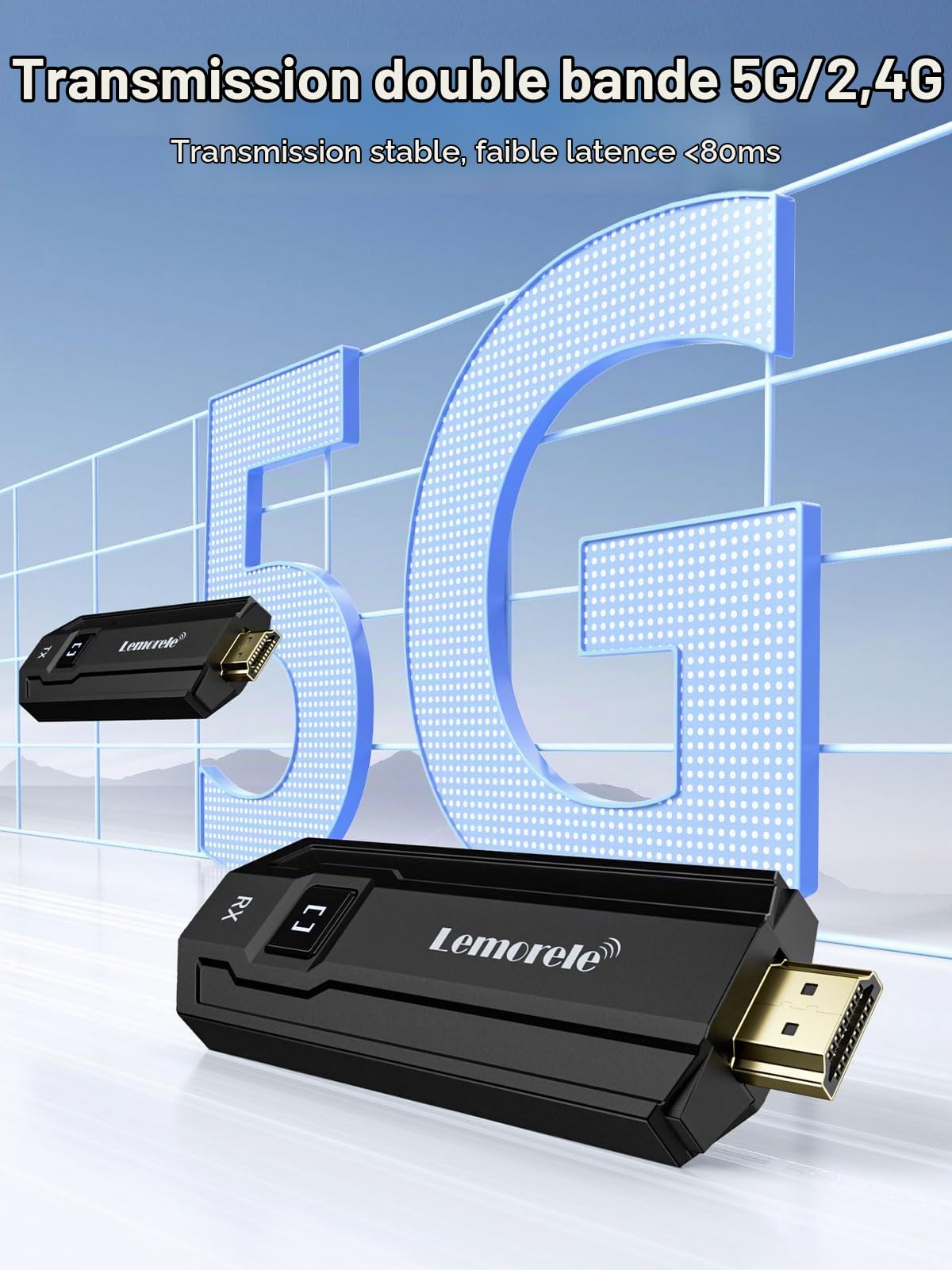 HDMI sans Fil, Lemorele 165 Ft/50M Émetteur et Récepteur HDMI sans Fil 5G Streaming 1080P Vidéo/Audio multimédia Depuis Un Ordinateur Portable, PC, Appareil Photo, Blu-Ray, PS5 vers HDTV/Projecteur