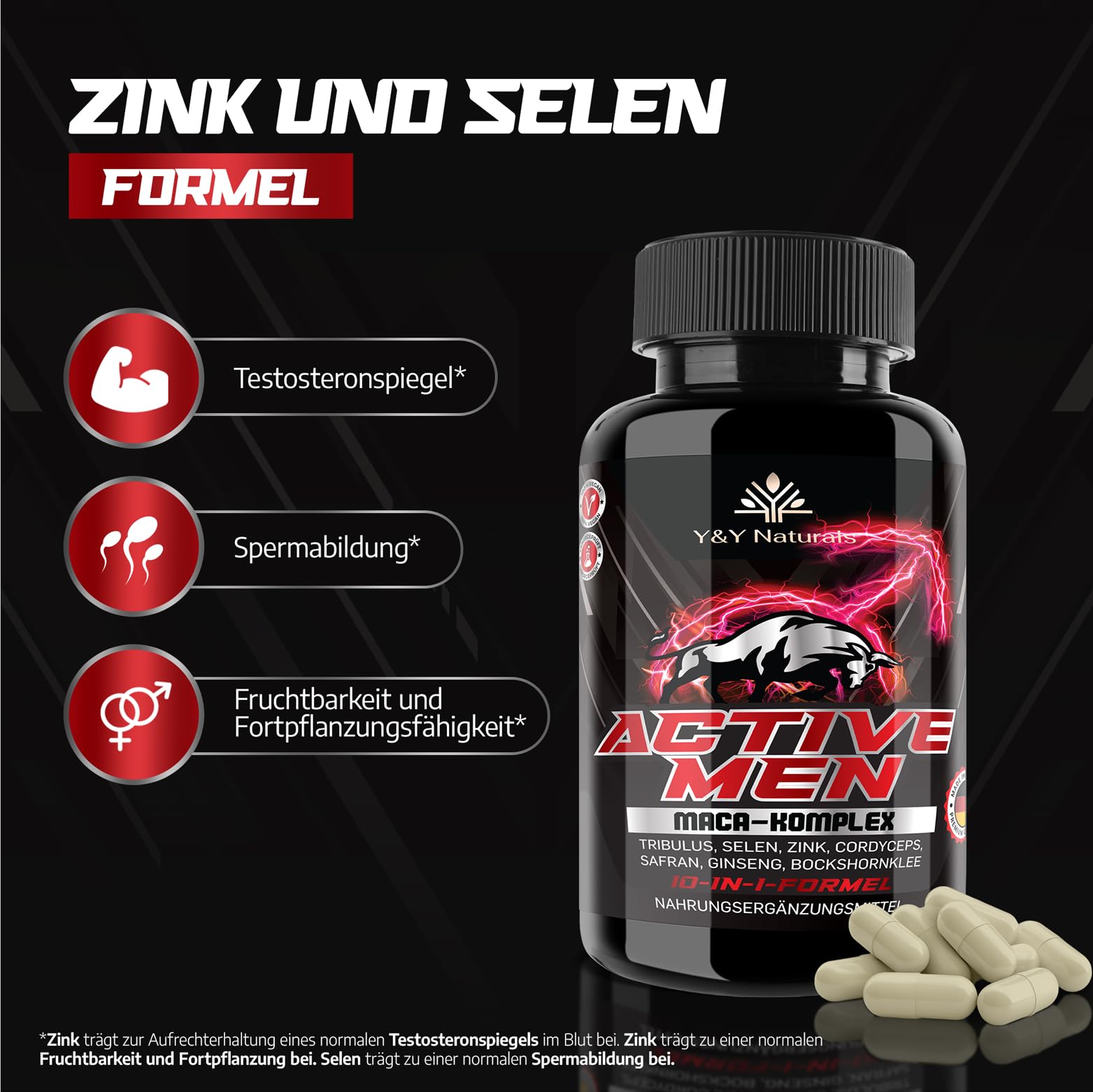 Männer Testosteron¹ Kapseln – 10-in-1 Komplex mit Maca 20:1, Tribulus, Bockshornklee, Zink, Selen & Safran | Active Men | Vegan, Laborgeprüft, Made in Germany | Alternative zu Ashwagandha