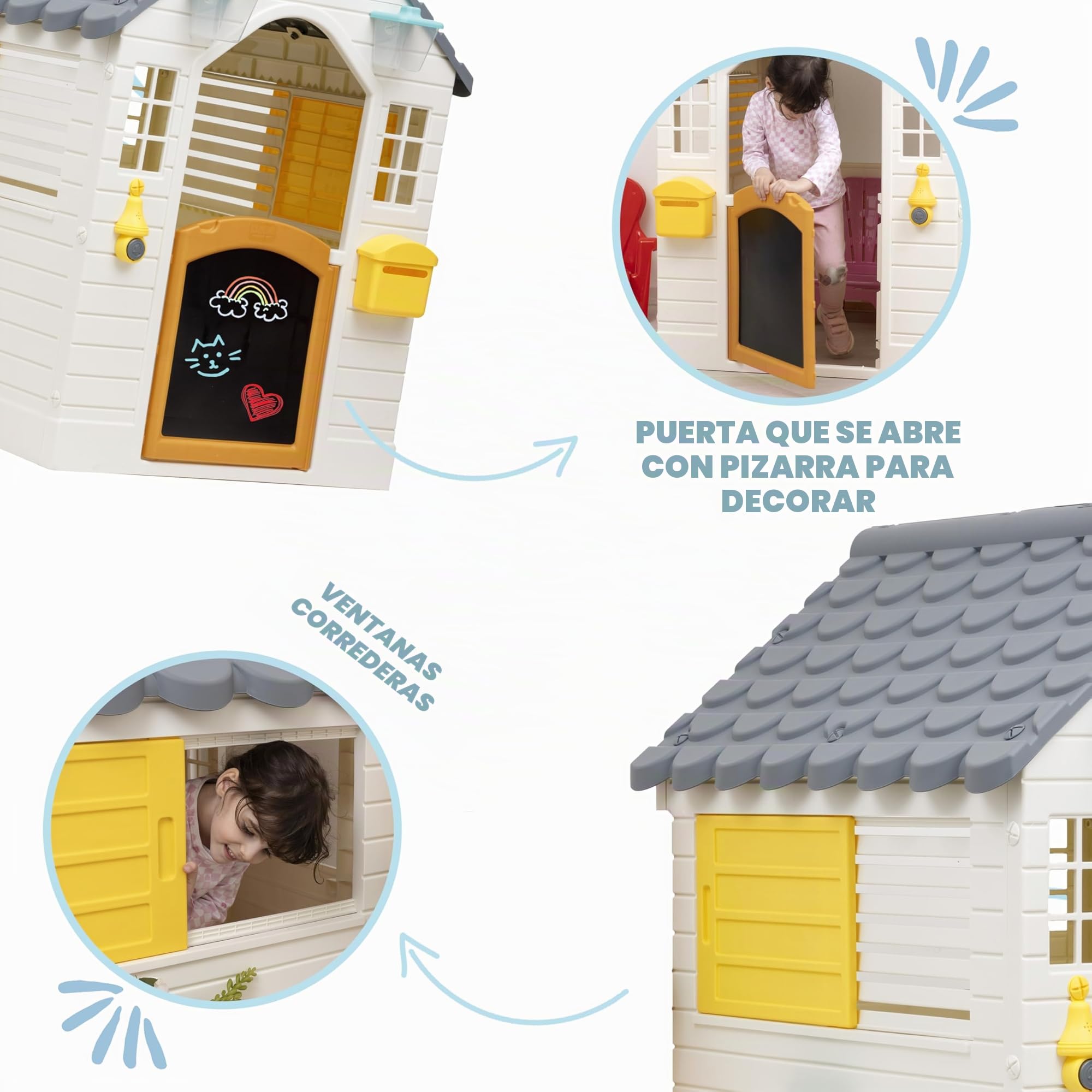 Baroni Toys Casa de Jardín Infantil con Valla 140x108x127 cm Plástico Puerta Ventanas Abren Timbre Eléctrico Pizarra