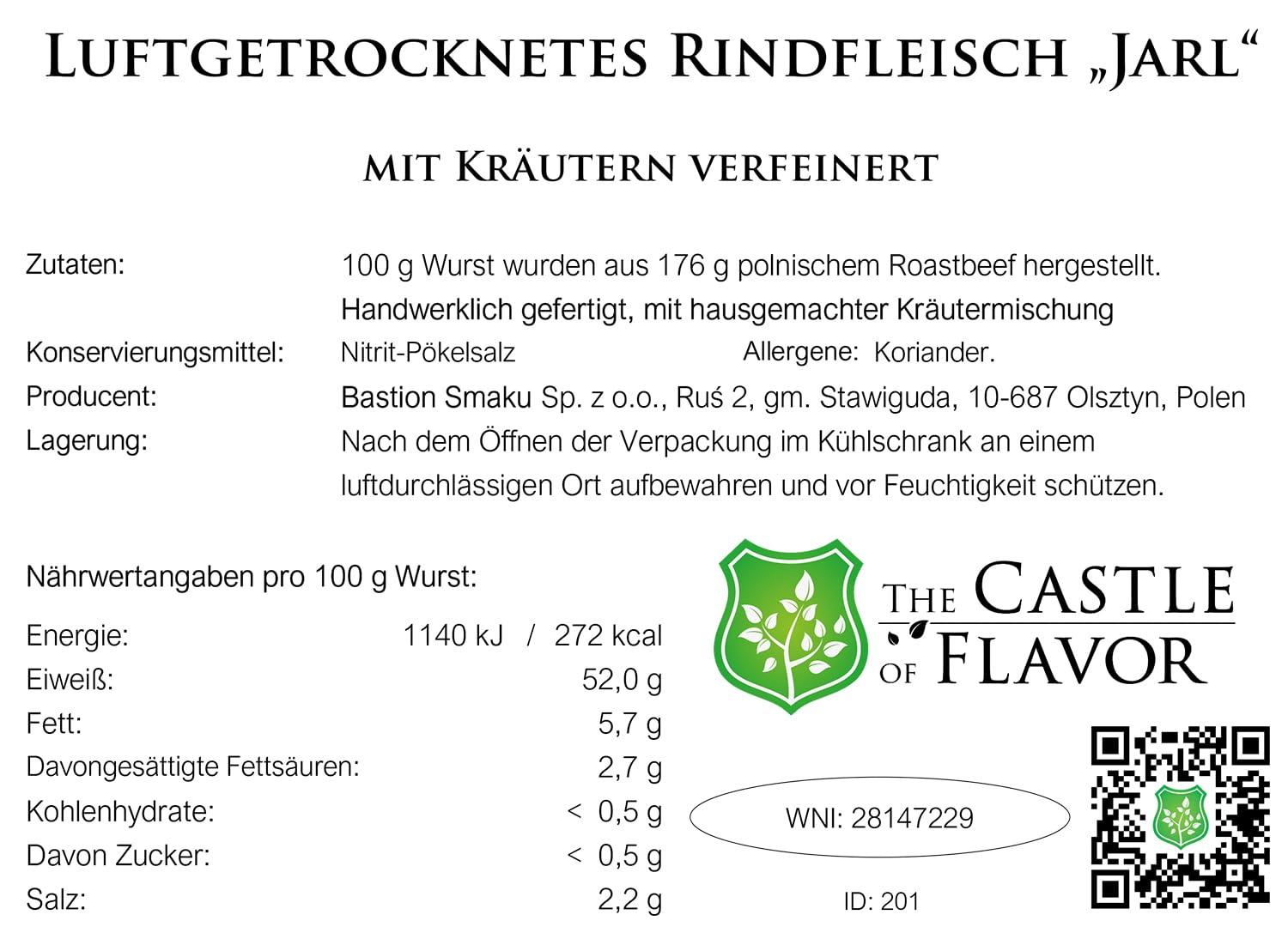 Luftgetrocknetes Rindfleisch „Jarl“ – mit Kräutern verfeinert- Wurstwaren 200g - Trockenwurst - Rohwurst - Dauerwurst am Stück - Trockenfleisch - getrocknete Wurst Snack