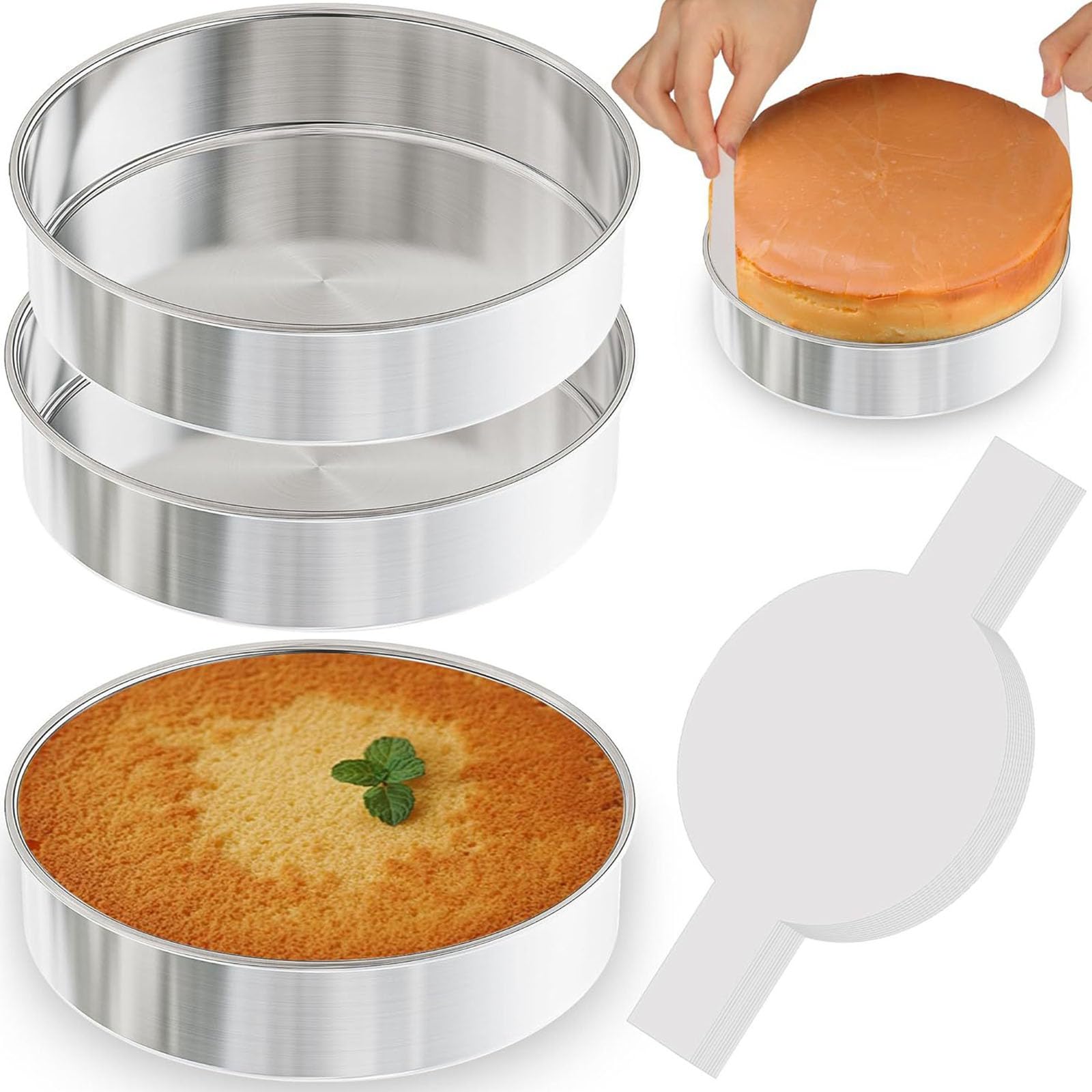 Lot de 3 moules à gâteau en acier inoxydable de 20,3 cm - Qualité commerciale - Avec 100 feuilles de parchemin prédécoupées pour un démoulage facile - Moule à pâtisserie antirouille pratique