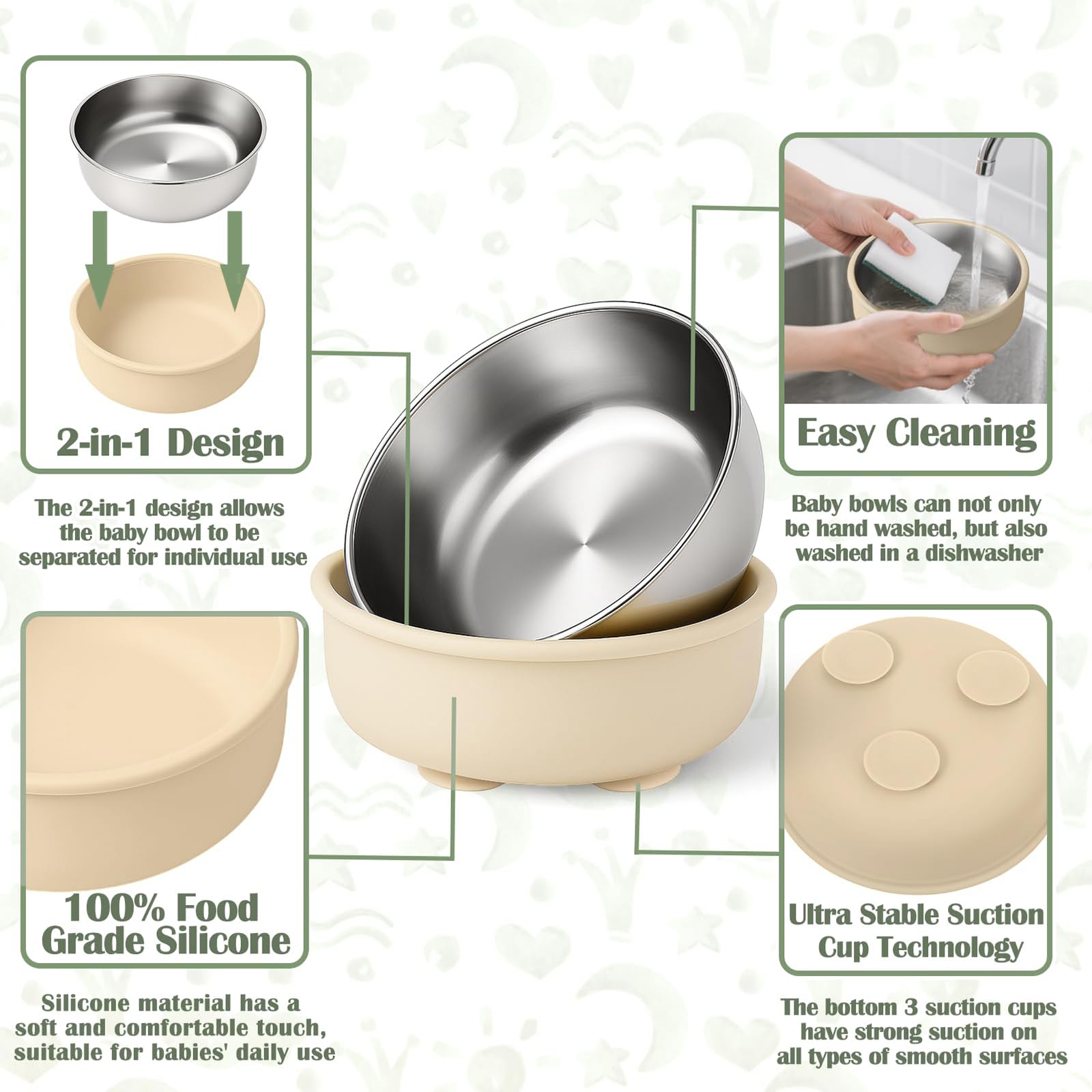 Kabwea Set di 4 piatti e ciotole a ventosa per bambini, ciotola in silicone rimovibile, ciotola in acciaio inox, piatto in acciaio per bambini, piatto con ventosa, piatto per bambini