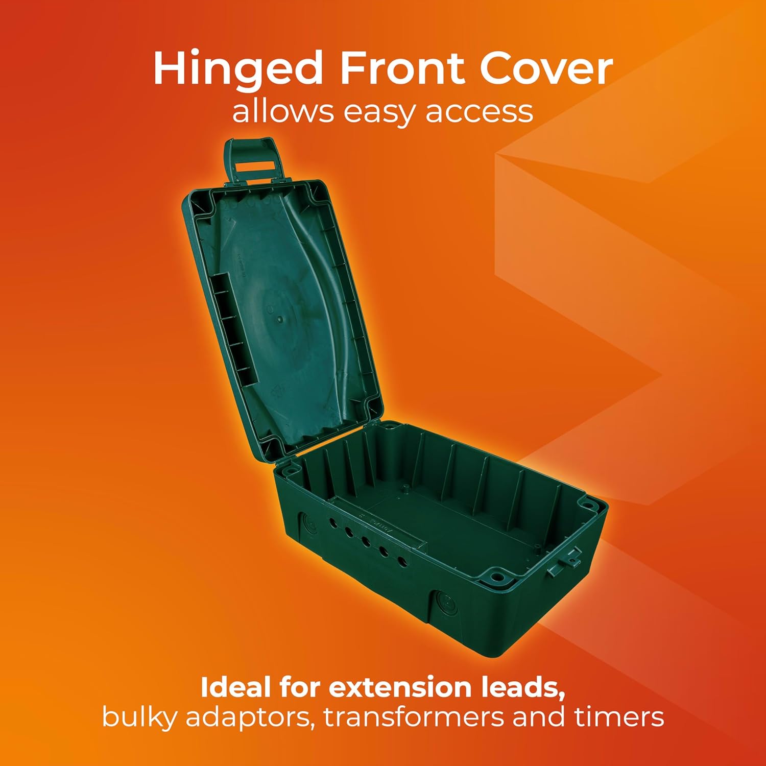 Masterplug Weatherproof Box open, showing the internal space, hinged lid, and cable management features.