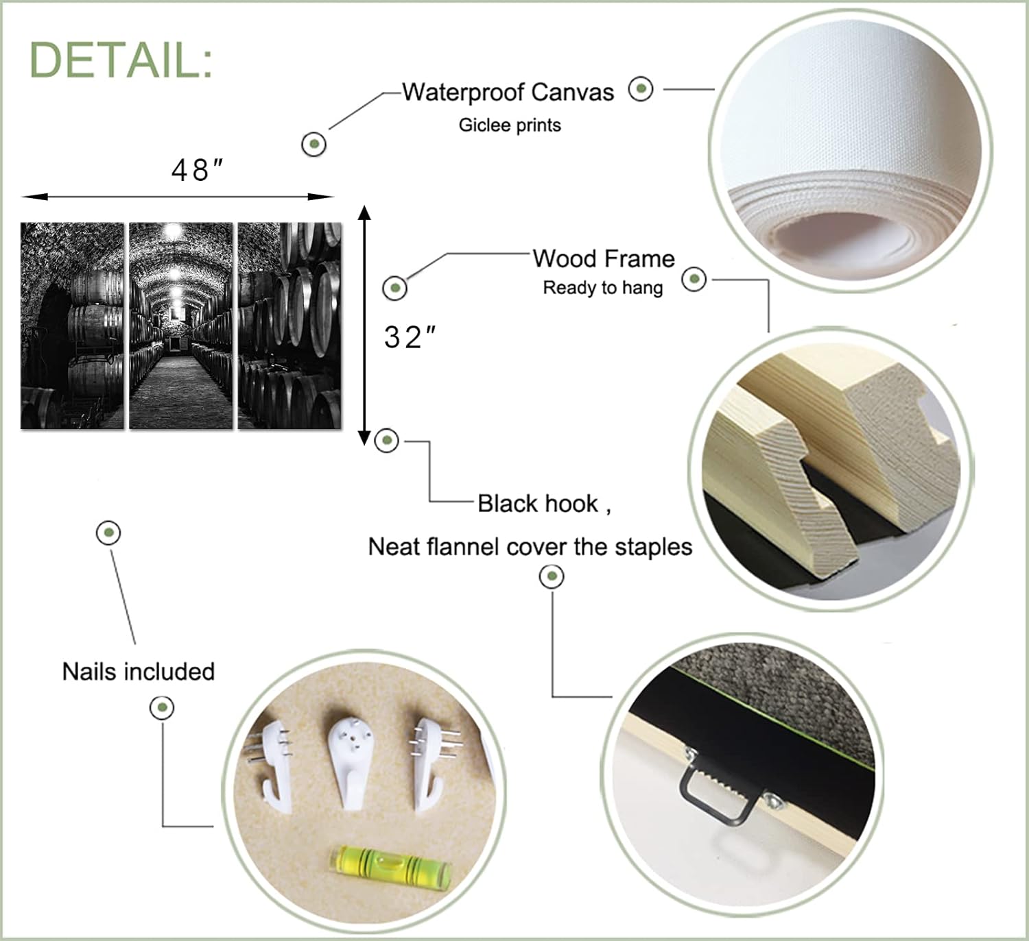 LevvArts Large 3 Piece Whiskey Cellar Canvas Wall Art Black and White Wooden Barrels Picture Painting for Modern Home Kichen Restaurant Decor Stretched and Framed Ready to Hang 16"x32"x3PCS