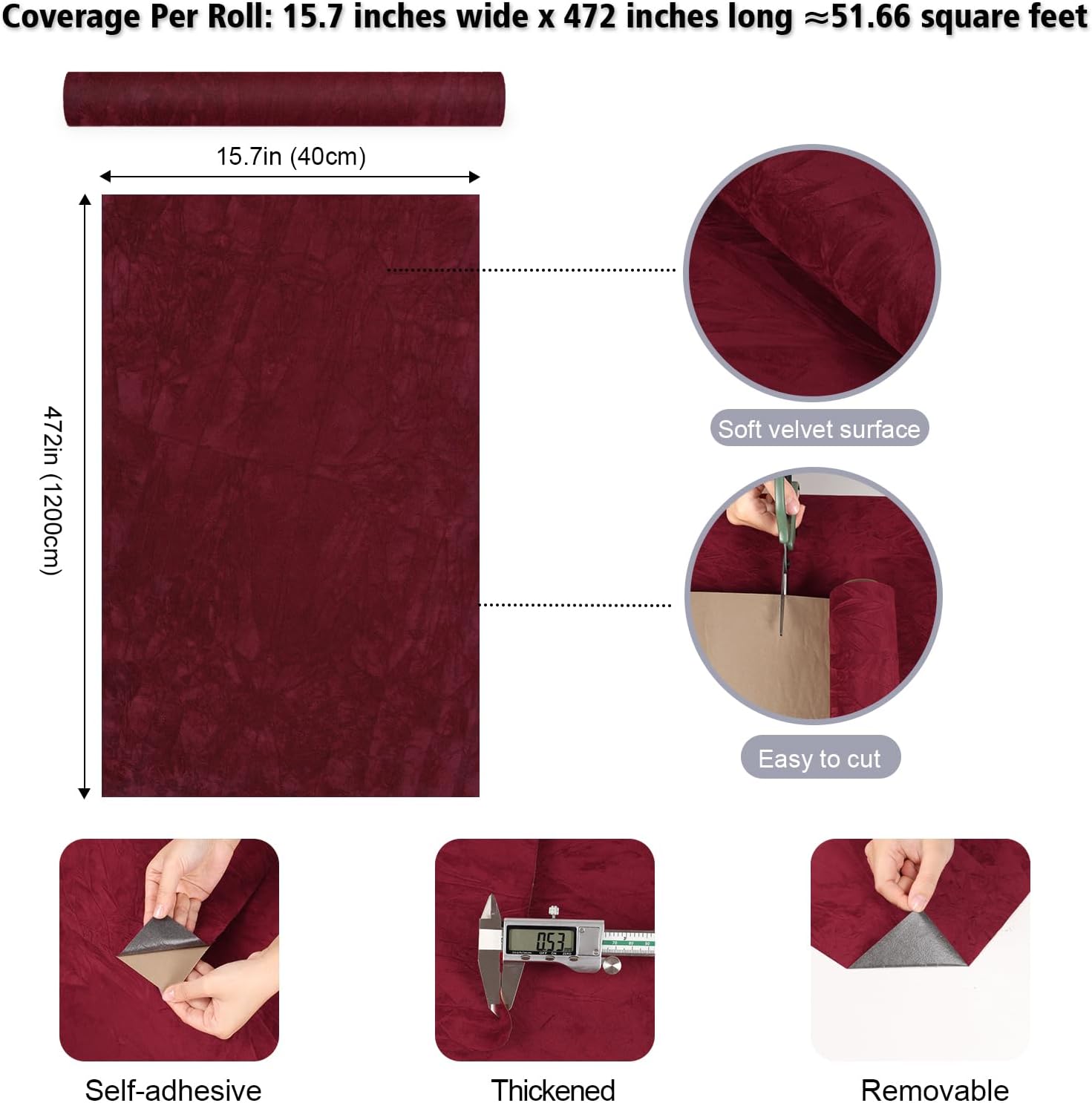 15.7"x472" Self Adhesive Red Velvet Drawer Liner for Dresser Shelf Jewelry Box Lining Soft Felt Fabric Cabinet Liner Roll Crinkled Textured Burgundy Velvet Wallpaper for Bedroom Accent Wall