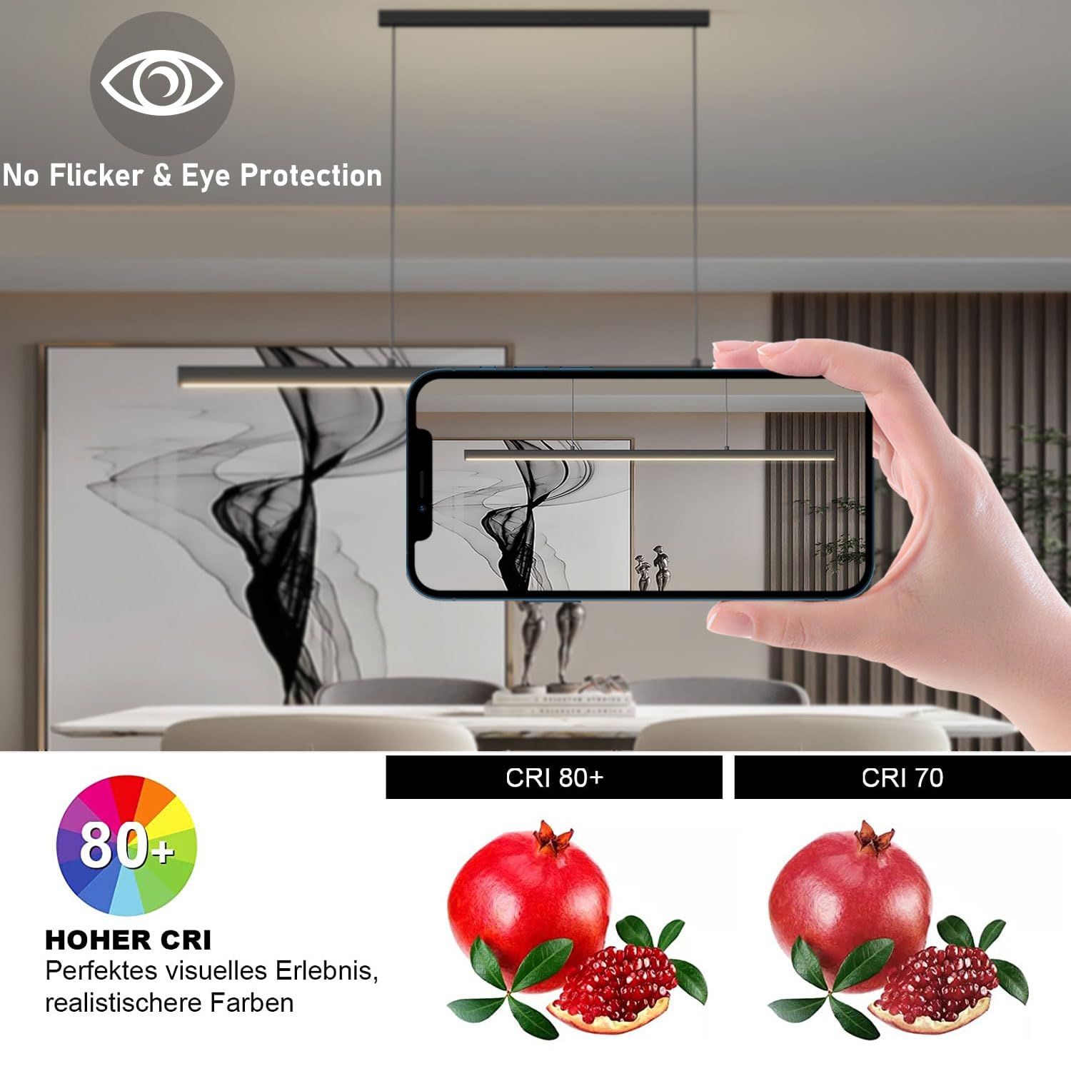 SENFAY Lámpara colgante LED Moderna Regulable, 80cm Iluminación colgante Negro con Control Remoto, 32W Lampara Colgante Isla Cocina Diseño lineal altura ajustable Para Comedor, Cocina, Oficina