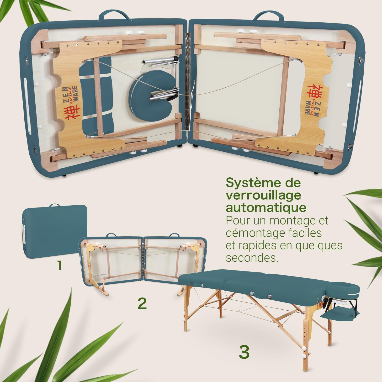 Zen Table de Massage Pliante Professionnelle, réglable en Hauteur, Bois Massif, Coins arrondis, Mobile & Stable, Facile à Transporter, compacte, Usage intensif, qualité Pro, Sarcelle