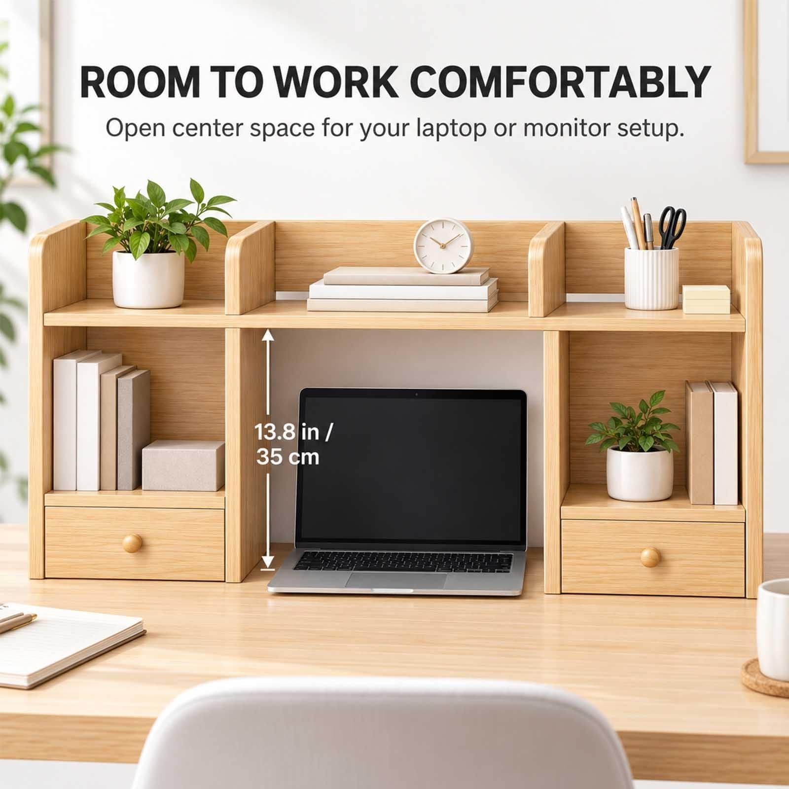 Wooden Desk Hutch with 5 Shelves & 2 Drawers, Desktop Bookcase