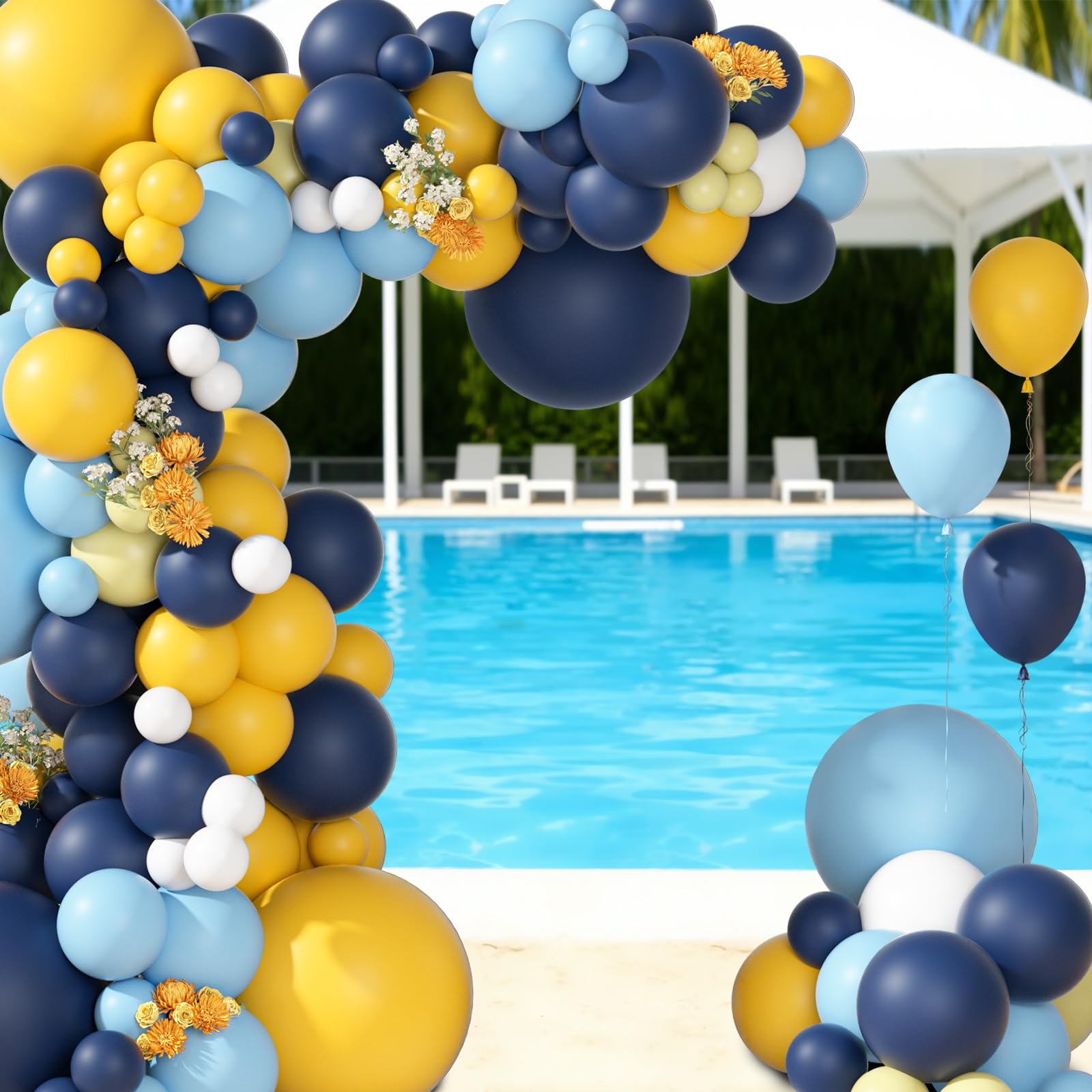 Ouddy Party 149-teiliges blaues und gelbes Ballon-Girlande-Set, verschiedene Größen, 45,7 cm, 30,5 cm, 25,7 cm, 12,7 cm, 12,7 cm, weiße Latex-Luftballons für Sommer, tropische Zitrone, Babyparty