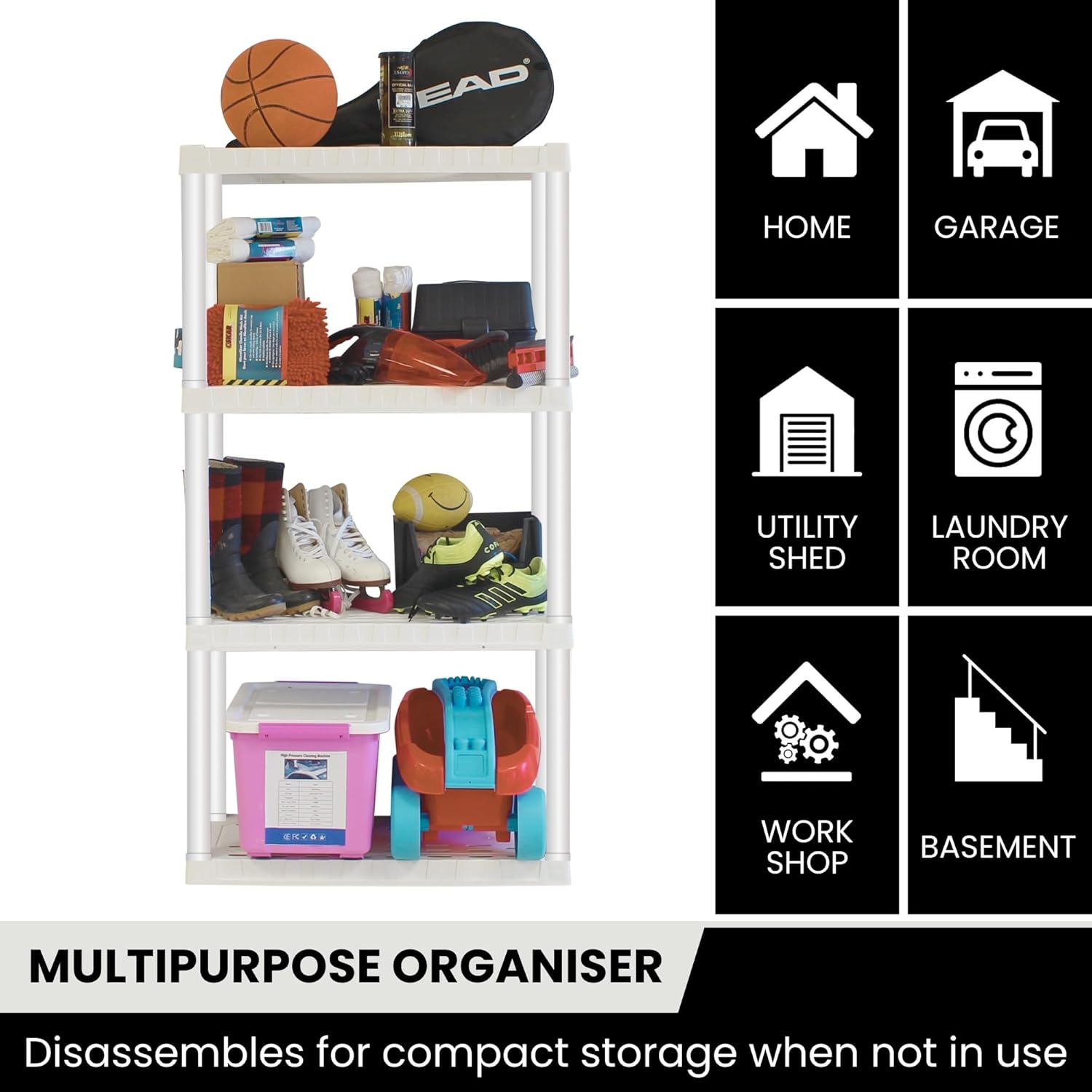 Oskar Heavy Duty Plastic Storage Shelves- for Garage, Kitchen, Bathroom Basement, Kids Room, Toys,Stackable 4-Tier White, Organizer Rack for Books Shoes, Pantry, Cleaning and Closet Organization