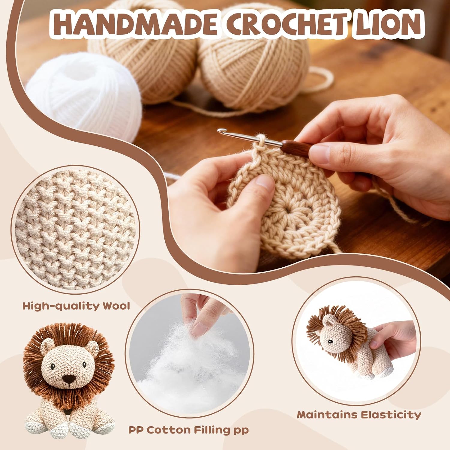 Lion Stuffed Animal 8Inch Hand Knit Lion Plush Toy Handmade Crochet Animals Soft Cotton Stuffed Animal Stuffy Plushie Knitted Animals Baby Cute Doll Birthday Gifts