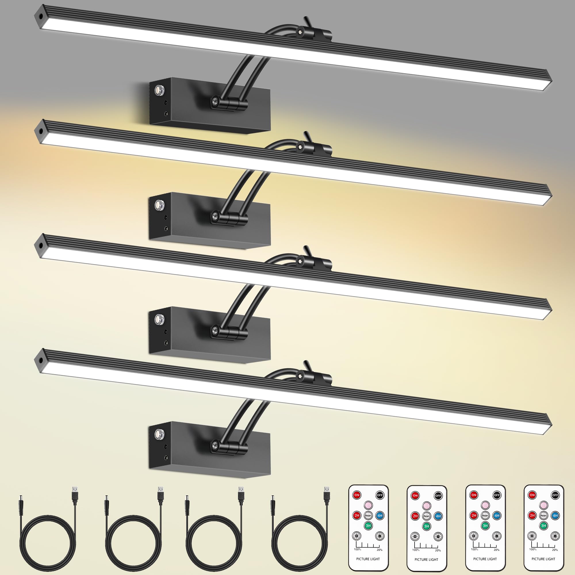Confezione da 4 luci per parete, illuminazione artistica da 58,4 cm per dipinti senza fili, batteria ricaricabile da 6400 mAh, con telecomando dimmerabile e timer per opere d'arte, galleria, cornici