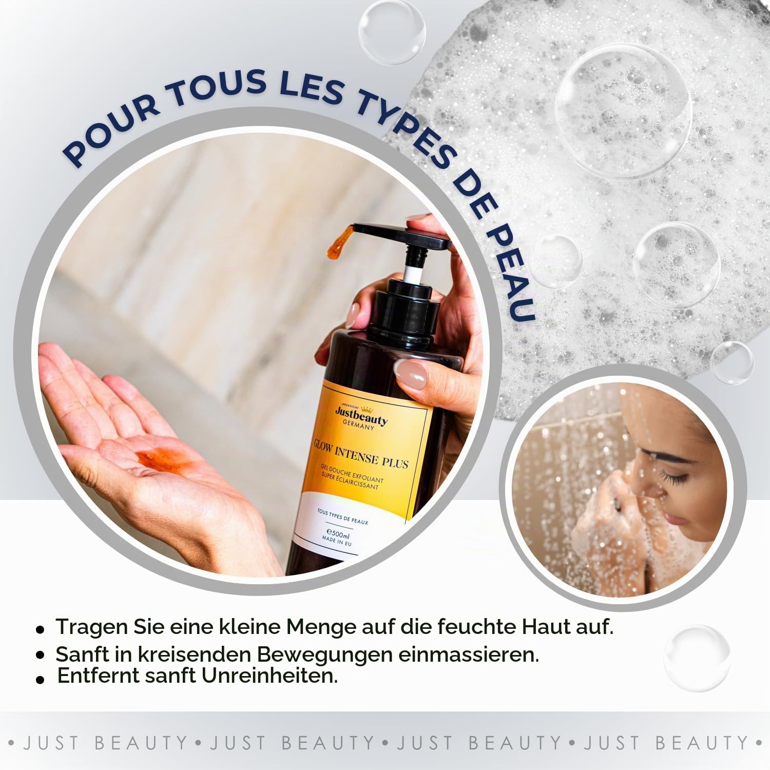 Glow Intense Plus – 4-in-1 Duschgel mit Peeling-Effekt | Aufhellend & Feuchtigkeitsspendend | Mit Kojiksäure, Arbutin & Glutathion | Für Glatte, Strahlende Haut
