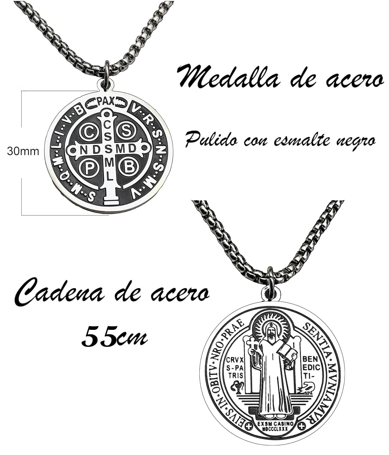 Ekonat- Medalla san benito - cruz de san benito - Medalla acero inoxidable con cadena 30 mm -acabado Brillo esmalte negro- Cadena de acero 55 cm