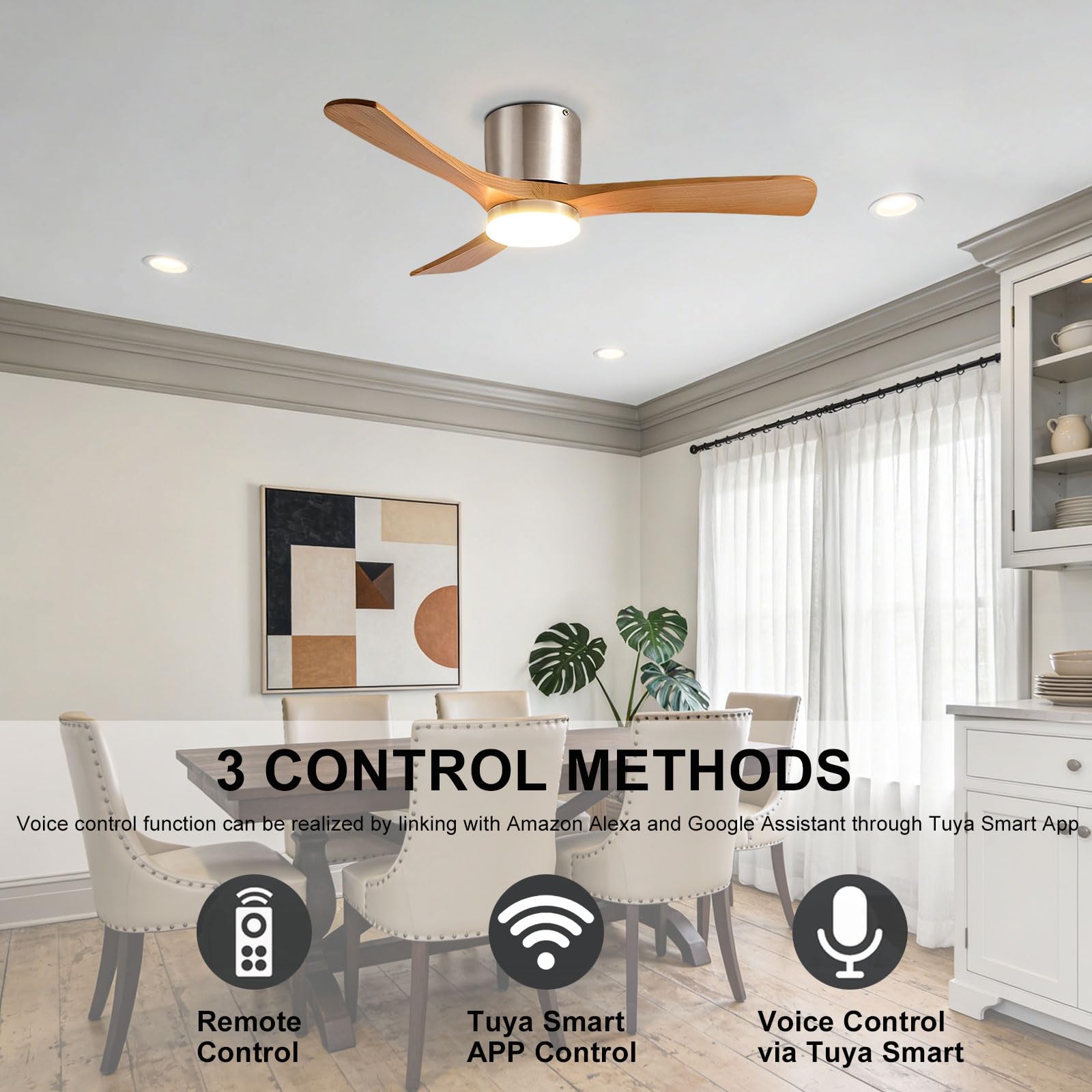 Ventilatore da soffitto in Legno con Luce, Stile Vintage, Silenzioso, a LED dimmerabile, Ideale per Camera da Letto, Sala da Pranzo e Soggiorno. Moderno, Intelligente, con telecoma