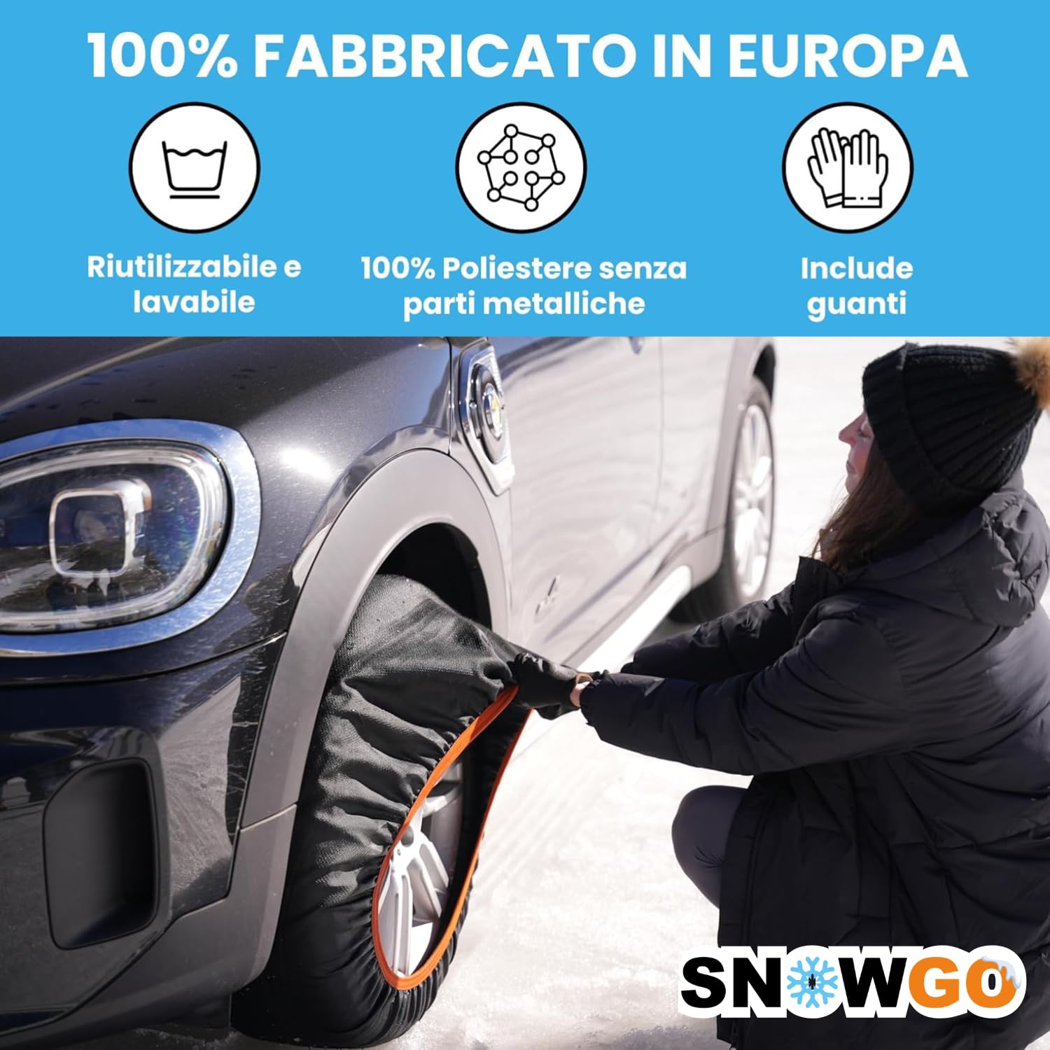 SNOWGO - Set di 2 calze da neve in tessuto - Taglie da M a XL - Omologate 16662-1 Europa - Compatibili con veicoli 4x4, veicoli elettrici, furgoni e veicoli commerciali <3,5T. (XL)