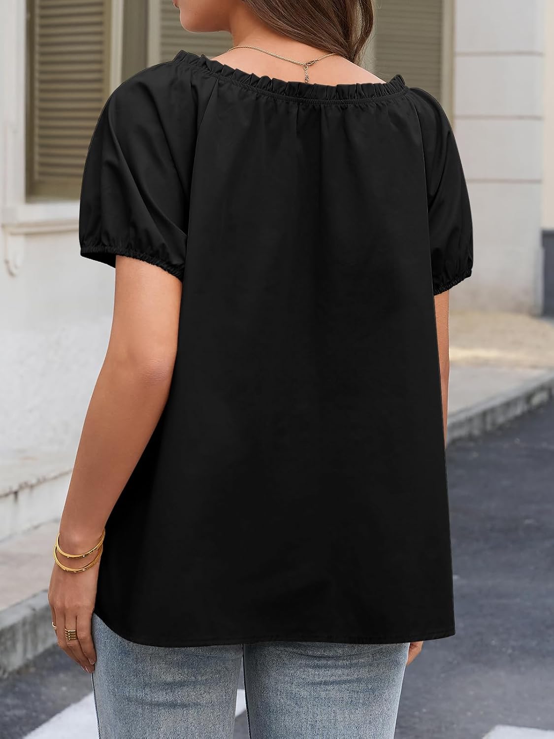 Tankaneo Womens Scoop Neck Blouse Tops Summer Trendy Casual Short Sleeve Button Down Shirts Babydoll Pleated Loose Fit Tunic - Image 5